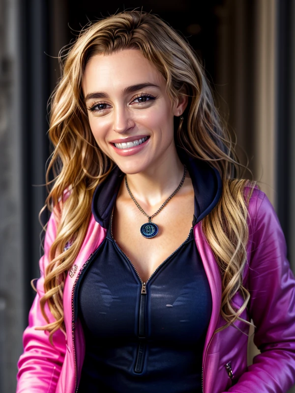 gquality, <lora:fatima:1> fatima, 1girl, solo, looking at viewer, jewelry, smile, jacket, necklace, teeth, realistic, grin, wavy hair, zipper, makeup