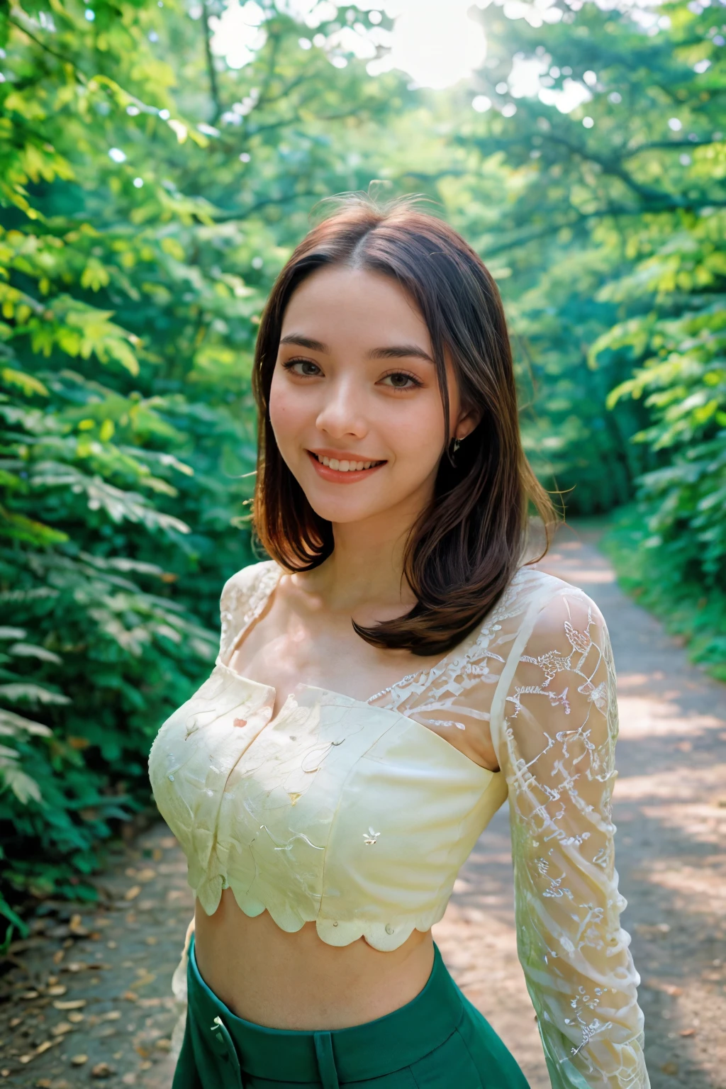 analog film photo solo, realistic, gstyle, ((woman)), (((The Italian Bob Hairstyle))), (((grin512:1.3))), (((Embroidered lace blouse with a sheer yoke and scalloped edges))), ((garden, blooming flowers, manicured lawns, fragrant):1.5), ((dynamic pose)), skin, high detailed, 8k, clear facial features, PA7_Human-Likeness, PA7_Photo, light orange pastel theme colorgrading in style of Wes Anderson, <lora:PAseer-SD15-LCM Quick:1> <lora:ReaLora:.2> <lora:[TH]_-_Mookda_Narinrak:1> mookdanarinrak <lora:GStyle_-_Photography_Style:.4>  . faded film, desaturated, 35mm photo, grainy, vignette, vintage, Kodachrome, Lomography, stained, highly detailed, found footage