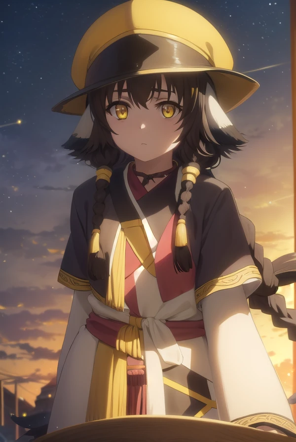 utawarerumonoanju, <lora:utawarerumono anju s2-lora-nochekaiser:1>,
anju, long hair, brown hair, black hair, animal ears, hair between eyes, (yellow eyes:1.5), braid, twin braids,
BREAK hat, robe, long sleeves,
BREAK outdoors,
BREAK looking at viewer, (cowboy shot:1.5),
BREAK <lyco:GoodHands-beta2:1>, (masterpiece:1.2), best quality, high resolution, unity 8k wallpaper, (illustration:0.8), (beautiful detailed eyes:1.6), extremely detailed face, perfect lighting, extremely detailed CG, (perfect hands, perfect anatomy),
