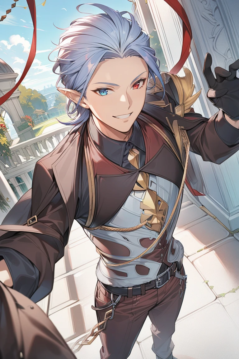 1boy, grmv, hair slicked back, heterochromia, pointy ears, blue eye, red eye, formal, collared red shirt, jacket on shoulders, chain belt, black gloves, pants, black legwear, ((high quality:1.2, masterpiece:1.2)), highly detail, dynamic angle, rating: general, happy, mile shoot, facing viewer, , full portrait, dynamic signal, mansion, <lora:GrimnirXLGBF-000020:1>