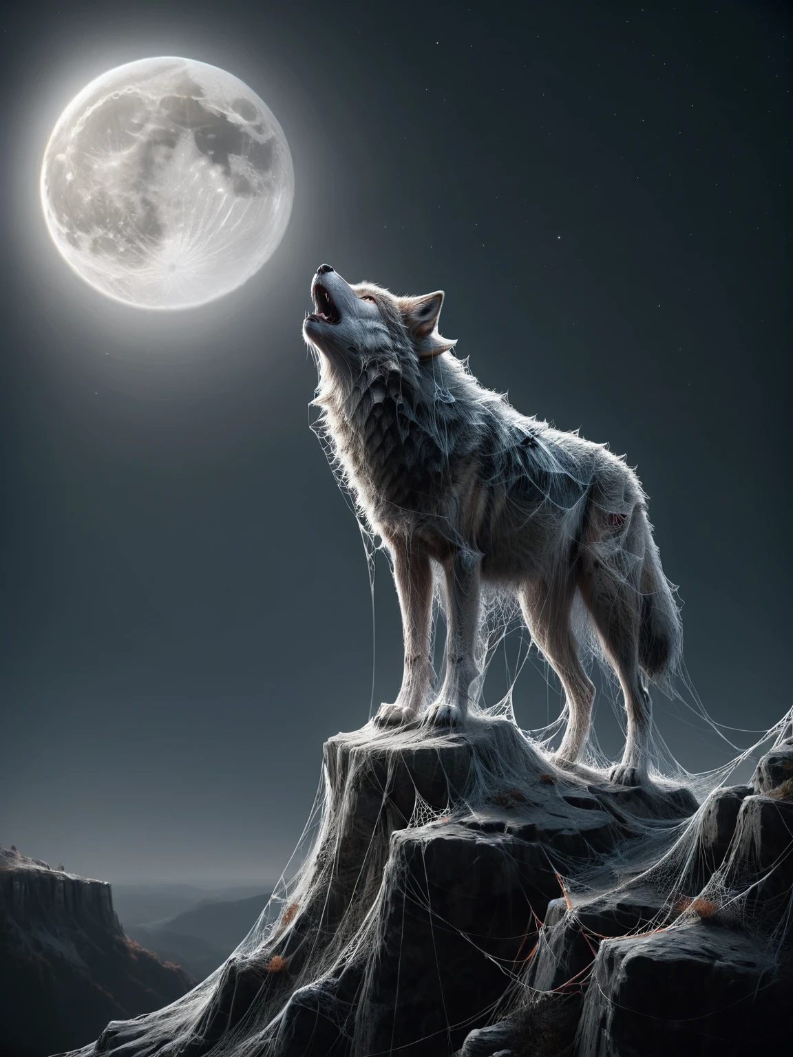 ais-webz wolf, on the edge of a cliff, howling at the moon <lora:Cobweb_Style_SDXL:1>