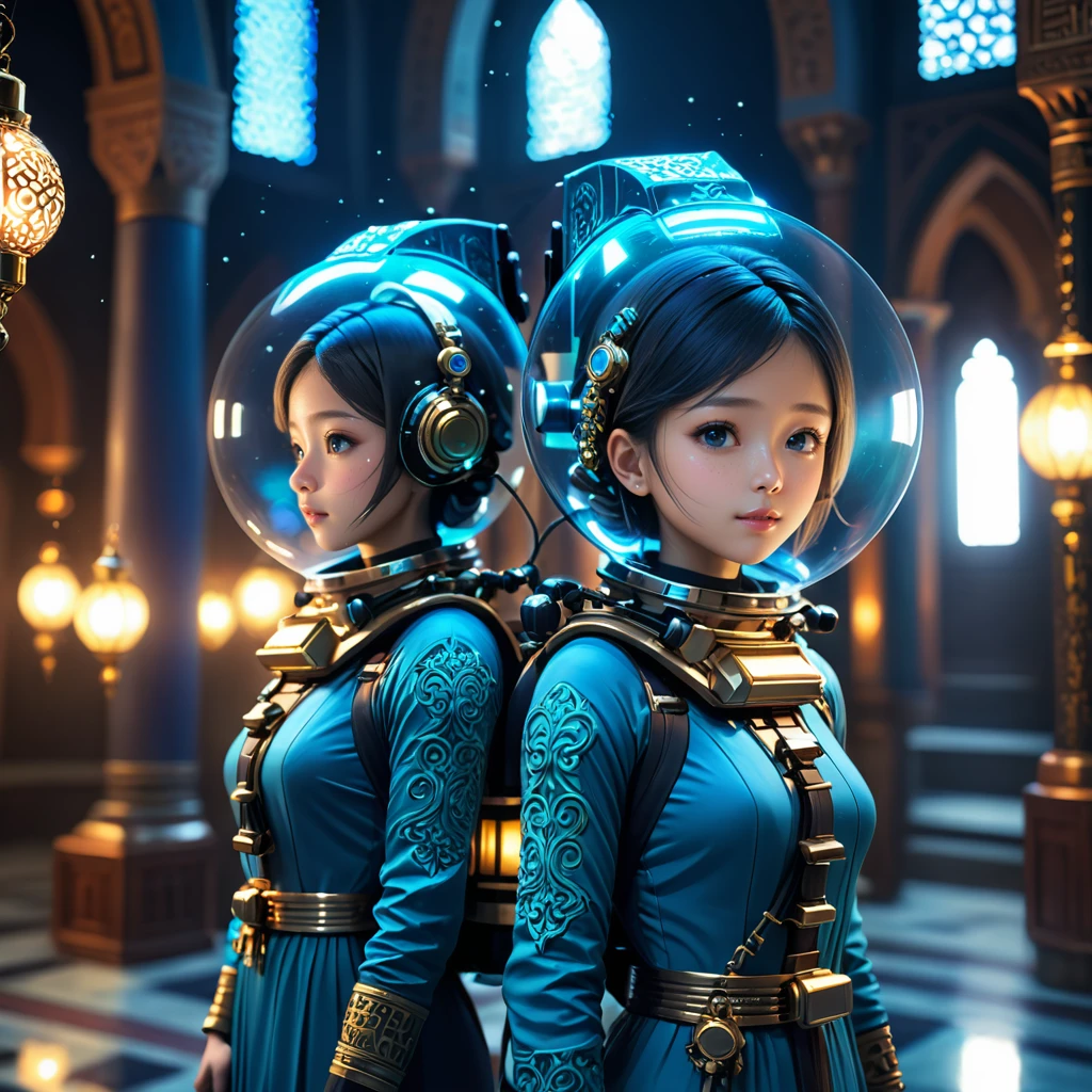 (best quality, masterpiece, absurdres, highres, ultra_detailed, dynamic angle:1.2), photography of (multiple girls:1.4), monks, colorful ornate diving bodysuit, lama scuba helmet, glowing cybernetics, long robe woven with celestial patterns, (underwater:1.2), mosque interior, sea plants, bioluminescence, futuristic, sci-fi, (intricate details, hyperdetailed:1.15), (ultrahigh resolution textures), bokeh, (volumetric, cinematic, dim blue) lighting, caustics, depth of field, <lora:lama_scuba_helmet-xl-v2-000012:0.5>, <lora:EnvyScifiStreamlineXL01:0.01>, <lora:EnvyArabicArchitectureXL01:0.1>