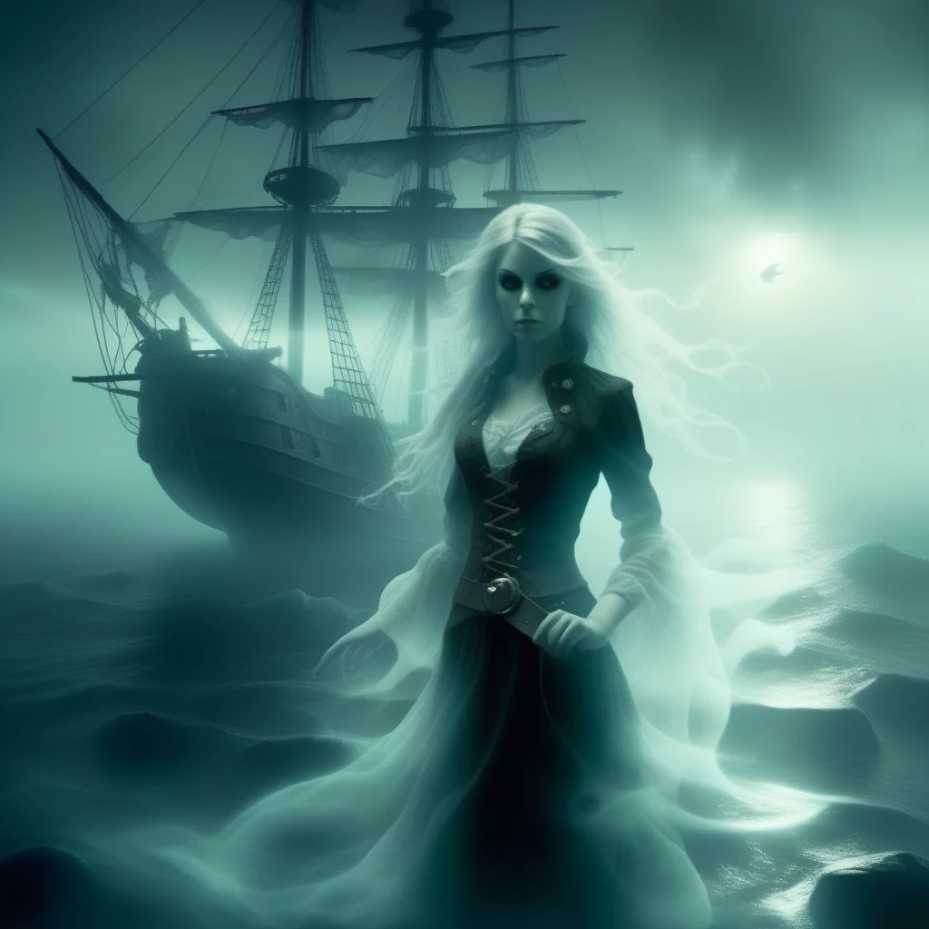 mentixis girl pirate in the background ghost ship, dark enigmatic atmosphere <lora:mentixis:1>