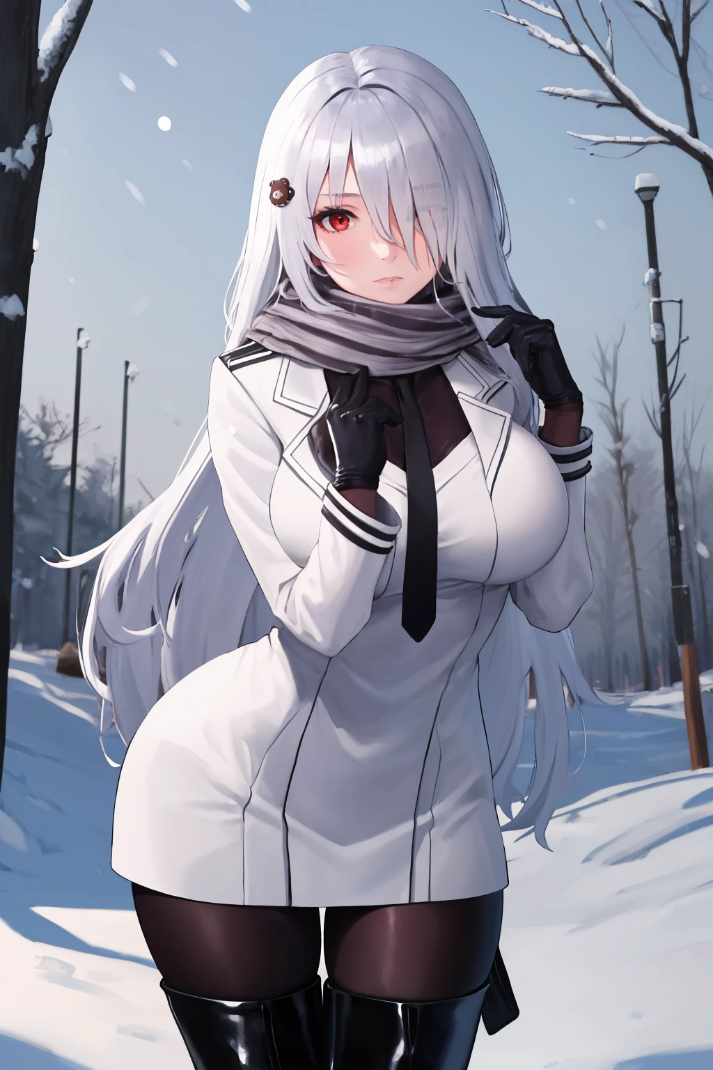 masterpiece, best quality, 1girl, solo, <lora:pk-gfl-richy-v1:1> pkdef, bear hair ornament, hair over one eye, grey scarf, necktie, white coat, bodystocking, black gloves, pantyhose, thigh boots, standing, very long hair, outdoors, winter