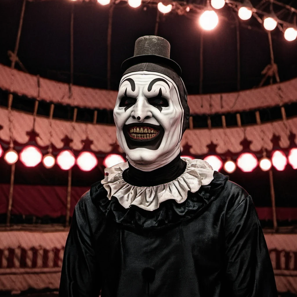 cinematic photo a scary man in an abandoned scary circus <lora:Art1024:0.8> . 35mm photograph, film, bokeh, professional, 4k, highly detailed