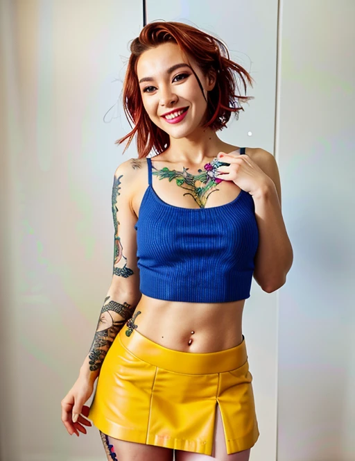 masterpiece,best quality,highres,8k,JS_Tattoo,1girl,tattoo,tattoo under breasts,smile,short hair,(short top,mini skirt:1.2), <lora:JS_TattooGirl:0.72>