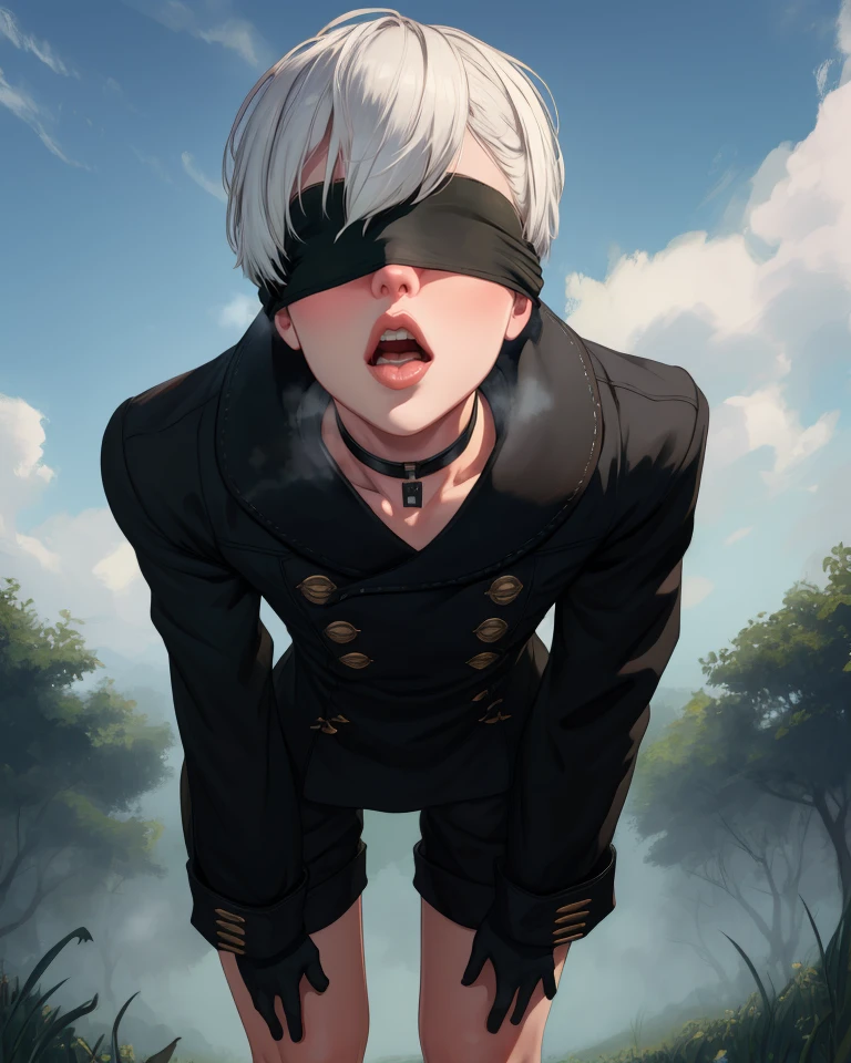 Yorha,white hair,black blindfold,short hair,black choker,lips,flat chest,otoko no ko,
standing,black gloves,black shorts,leaning forward,open mouth,
long sleeves,black jacket,buttons,
deserted school yard,fog,grass,
(insanely detailed, masterpiece, best quality),<lora:Yorha9s-10Nv9:0.8>,