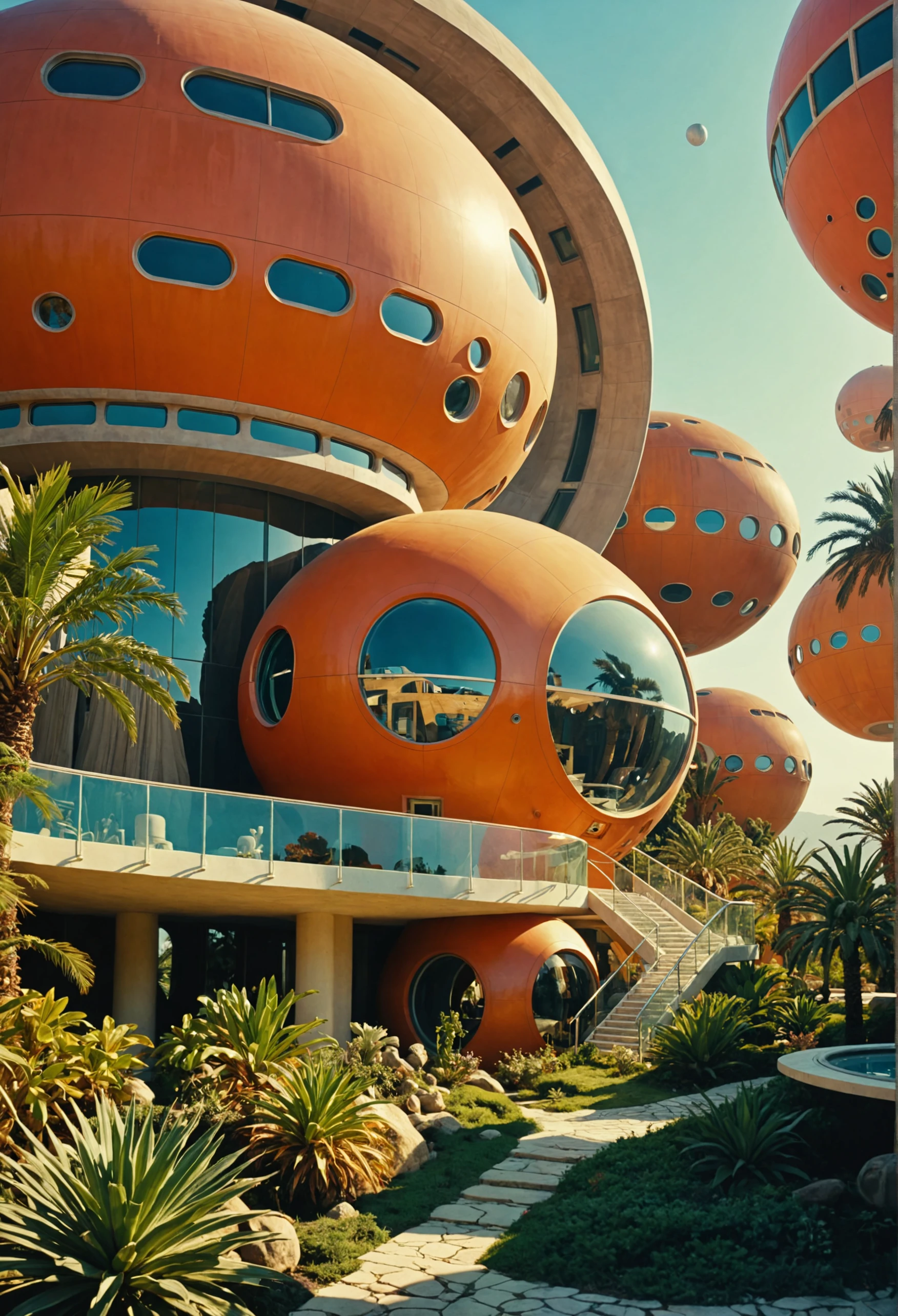Hyperdetailed photo, sci-fi home, retro, spherical and cylindrical shaped buildings, distant future, matte smart materials, efficient and environmental friendly, unusual and brilliant architecture, advanced civilization, alien world, soft vivid colors, hard light, rich emotive colors, 8k, masterpiece, ektachrome, UHD, rich emotive colors, surreal quality, by Richard Dorran