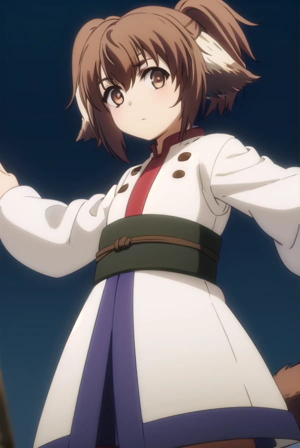 utawarerumonoshinonon, <lora:utawarerumono shinonon s2-lora-nochekaiser:1>,
shinonon, short hair, brown hair, animal ears, (brown eyes:1.5), dog ears, twintails, short twintails,
BREAK tail, ainu clothes, long sleeves,
BREAK outdoors,
BREAK looking at viewer, (cowboy shot:1.5),
BREAK <lyco:GoodHands-beta2:1>, (masterpiece:1.2), best quality, high resolution, unity 8k wallpaper, (illustration:0.8), (beautiful detailed eyes:1.6), extremely detailed face, perfect lighting, extremely detailed CG, (perfect hands, perfect anatomy),
