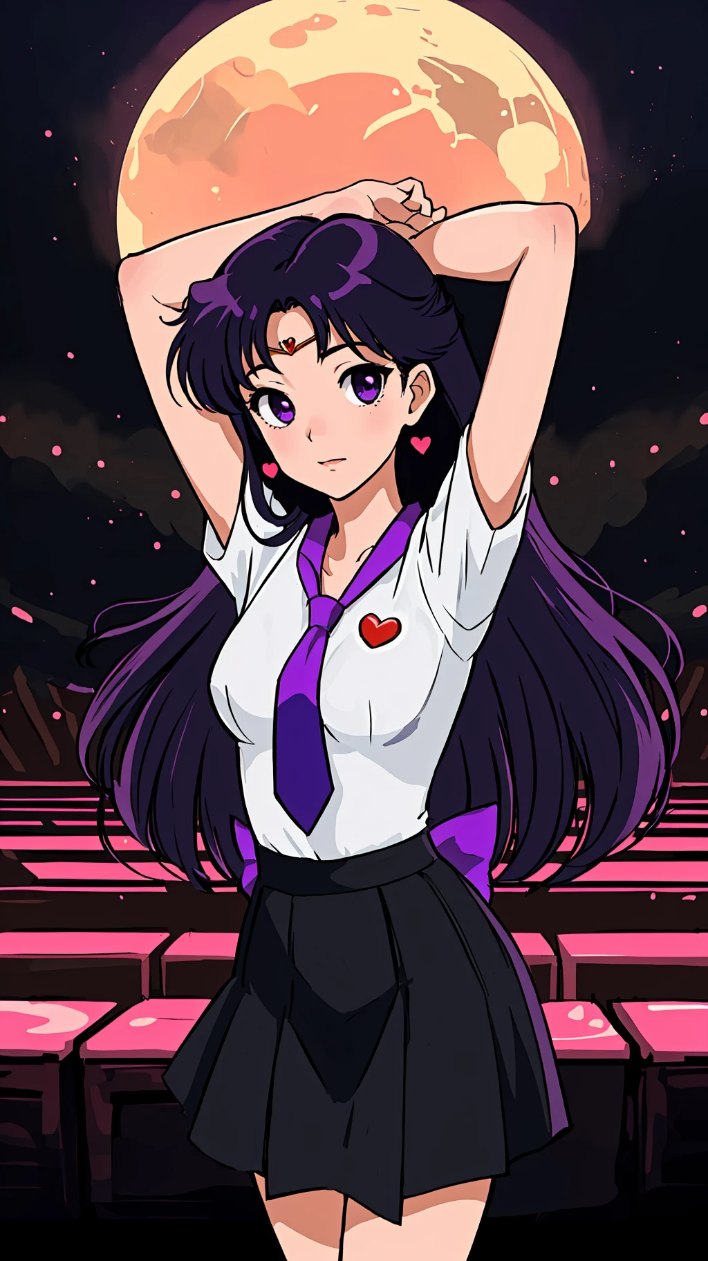 masterpiece, best quality, 1girl, solo, facing viewer, (art by Naoko Takeuchi), <lora:EPsmSailorMars-08:0.7>,EPsmSailorMars, purple eyes, purple hair, very long hair, bow, 
diagonal lines, concert, evening, arms behind back, necktie, checked skirt, drawers, locket, grimoire, heart eyes