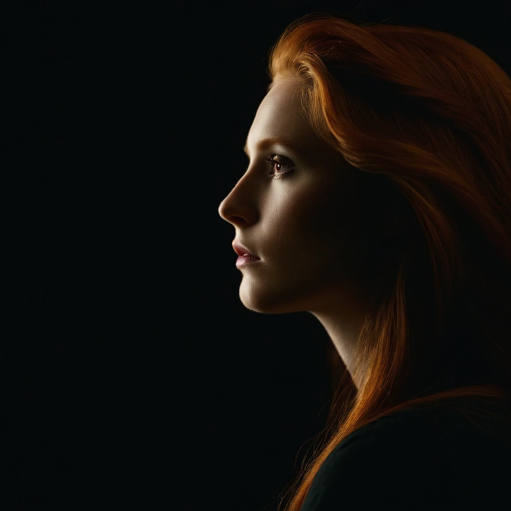 cinematic film still of  <lora:Low-key lighting Style:1>
dim light, low light, dramatic light, partially covered in shadow, a woman with long red hair in the dark Low-key lighting Style,solo,long hair,blonde hair,simple background,1boy,male focus,from side,profile,black background,portrait,dark, shallow depth of field, vignette, highly detailed, high budget, bokeh, cinemascope, moody, epic, gorgeous, film grain, grainy