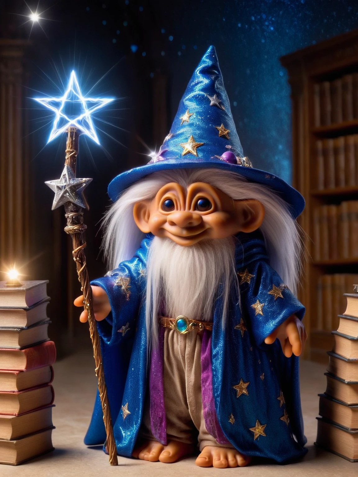 ais-trollz wizard, wearing a starry cloak and holding a glowing staff, in an ancient library with magical books and floating crystals, casting an enchanting spell <lora:Russ_Trolls_Style_SDXL:1>
