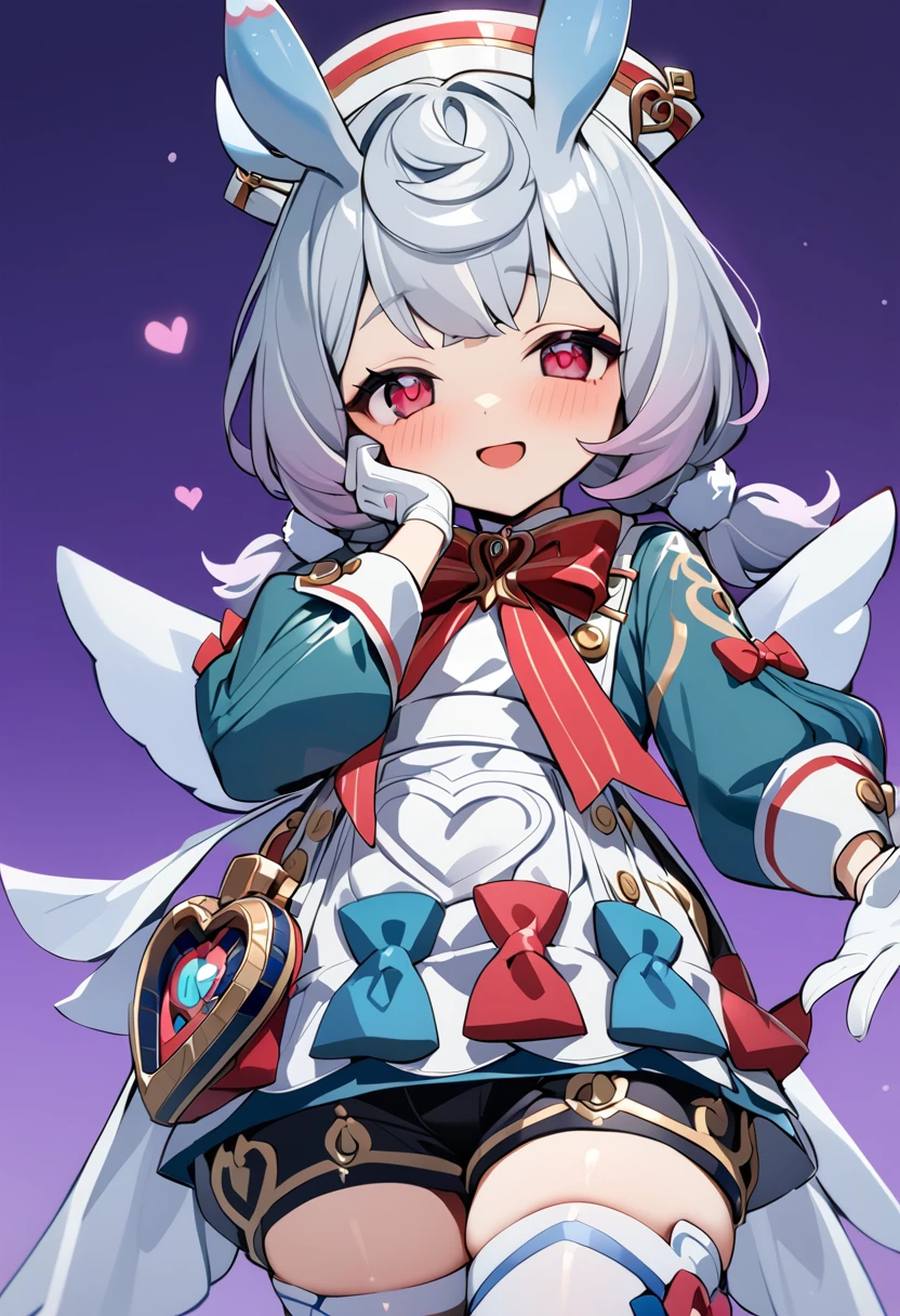 1girl, sigewinne \(genshin impact\), blush, thighhighs, twintails, white gloves, white headwear, open mouth, looking at viewer, long sleeves, hand on own face, low twintails, heart-shaped pupils, animal ears, hand on own cheek, symbol-shaped pupils, pink eyes, white legwear, blue dress, outstretched arm, nurse cap, silver hair, simple background, eyebrows visible through hair, white hair, long hair, red bow, puffy sleeves, purple eyes, purple background, white dress, smile, puffy long sleeves, reaching out, cowboy shot, outstretched hand, white apron, gradient background, bowtie, buttons, thigh boots, grey hair, white background, multicolored hair, standing, blue bow, boots, jewelry, hand up, hair ornament, red eyes, short hair, colored skin, solo, heart-shaped bag, white thighhighs, red bowtie, green shirt, black shorts, white waist bow, white wings, mini wings, back bow, masterpiece, best quality <lora:sigewinne_genshin_impact_sdxl_locon_v1:0.7>