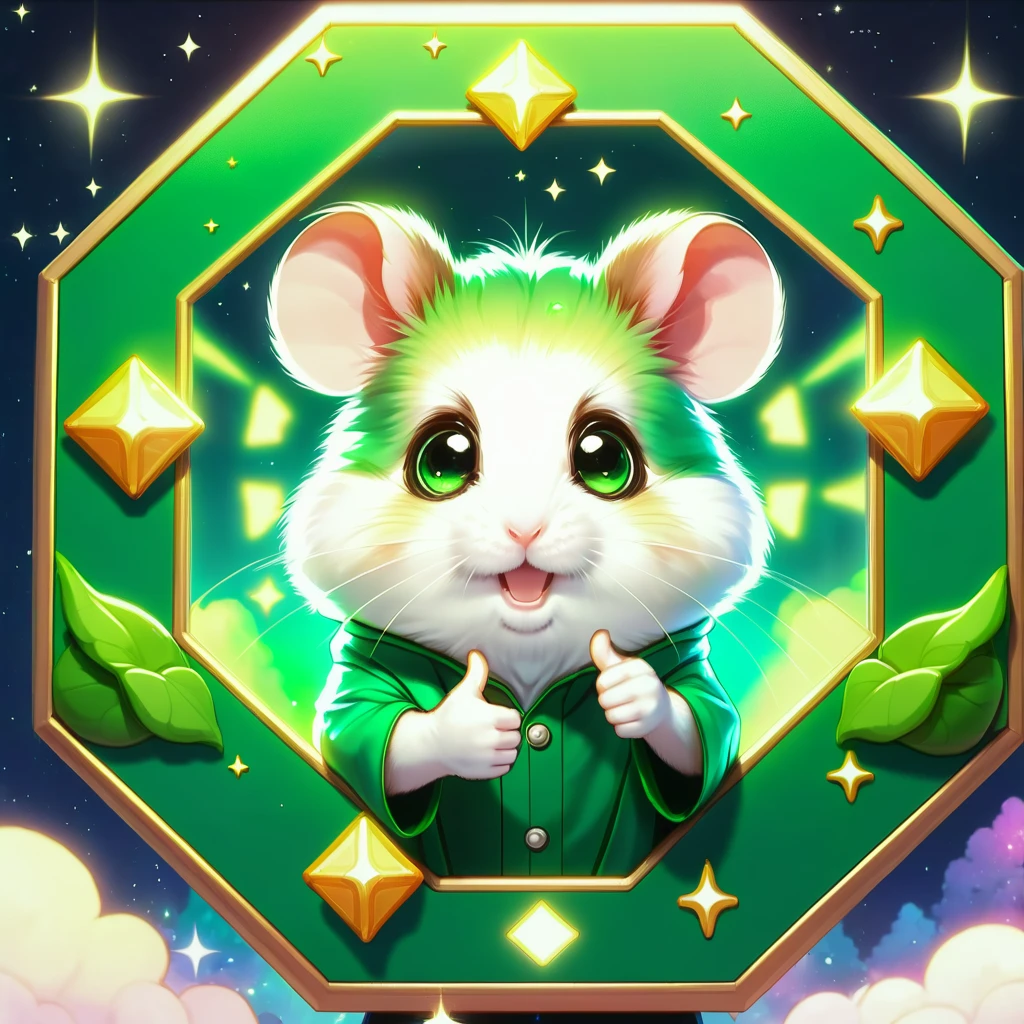 DonMSt0pS1gnXL green octagon, cute hamster, thumbs up, ethereal, fairytale, magical <lora:DonMSt0pS1gnXL-000006:0.75>
