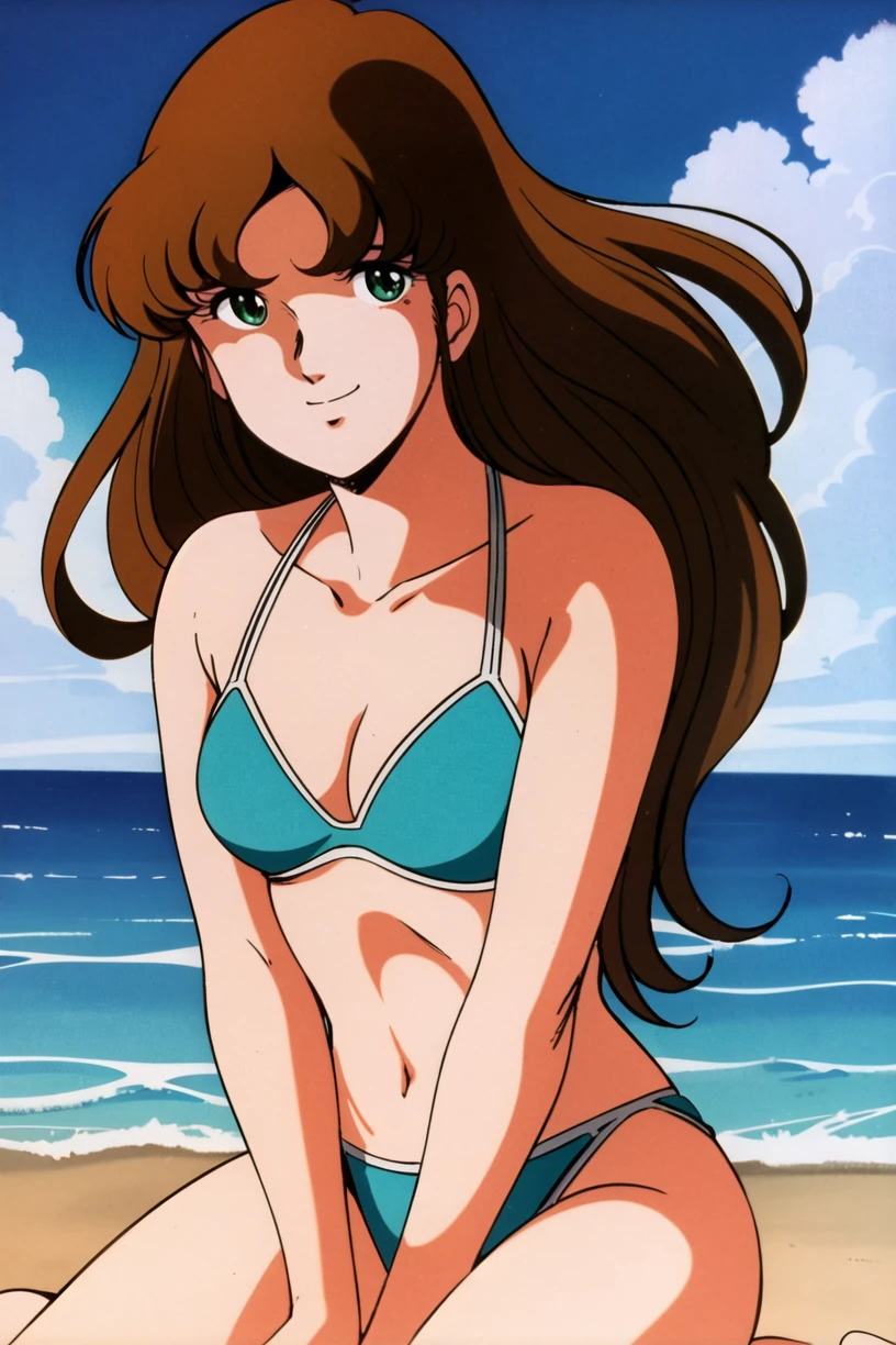 masterpiece,best quality,highres,<lora:Hayase Misa:0.6>,Hayase Misa,brown long hair,green eyes,1girl,solo,1980s \(style\),retro artstyle,futoshi slim,looking at viewer,sky,smile,waves,beach,swimsuit,wariza,