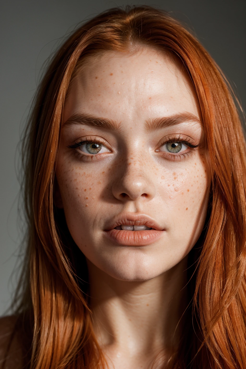 ((Eye-Level Shot)),((Close-Up)),((Glamour Portrait)),(best quality, high quality, sharp focus:1.4), european beautiful woman, (long  orange hair:1.1), (freckles:1.1), mode face, makeup, (light matt lipstick:1.1), look at the viewer, shirt, best quality, realistic , masterpiece, dark theme