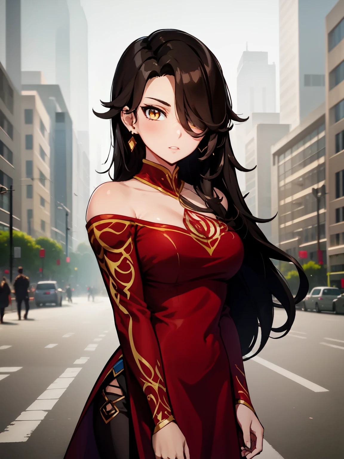 (masterpiecer, best quality, ultra-detailed), CinderFall, yellow eyes long hair, hair on left side, black hair, hair over one eye, earrings, red dress, red sleeves, bare shoulders, outdoors, standing, looking at viewer