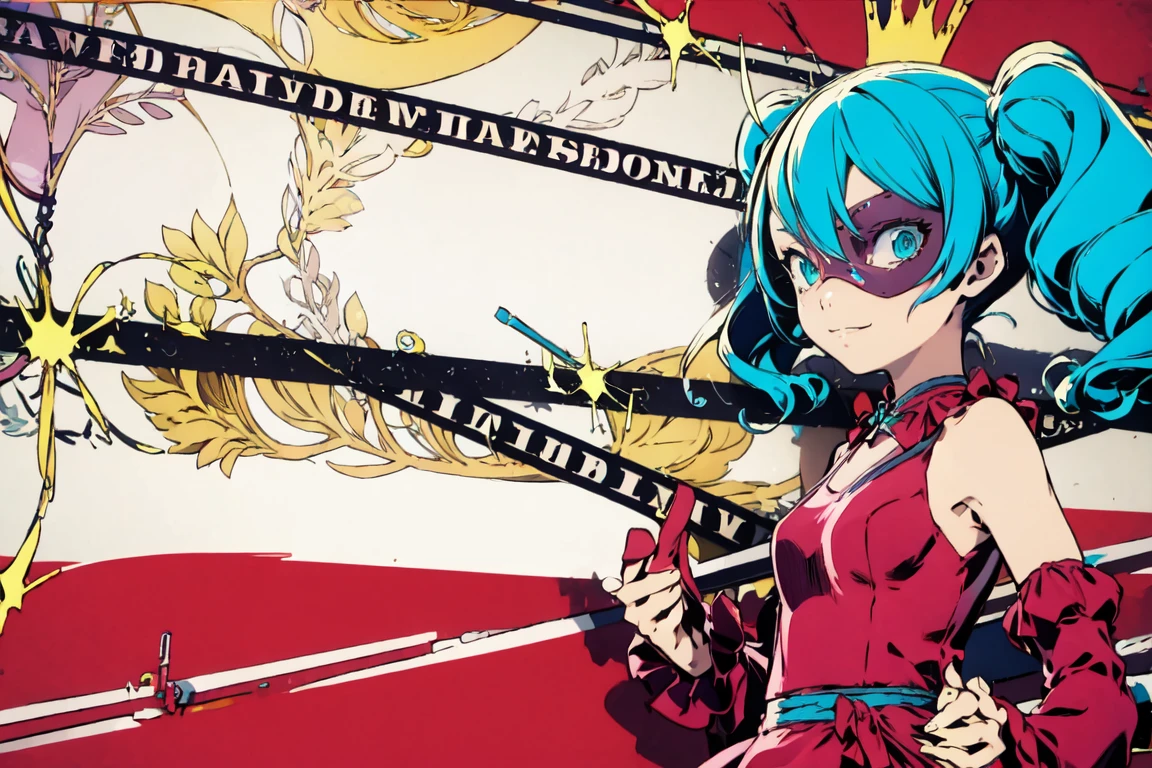 <lora:Persona5Cruncher>,PersonaCruncher,mask,<lora:RomeoAndCinderella:0.6>,<lora:mikuhatsunetest:0.7>,miku hatsune,ahoge,aqua eyes,aqua hair,crossed bangs,hair between eyes,long hair,twintails,panorama,chain,bow tie,crown,flower,detached sleeves,red dress,puttee,dance shoes,upper body,1girl,solo,caution tape,smile,keep out,\\m/,parody,, masterpiece,best quality,highres,ultra high res,(abstract art:1.2),2d,(highlydetailed),(colorful),(intenseexpression),(fashionable),