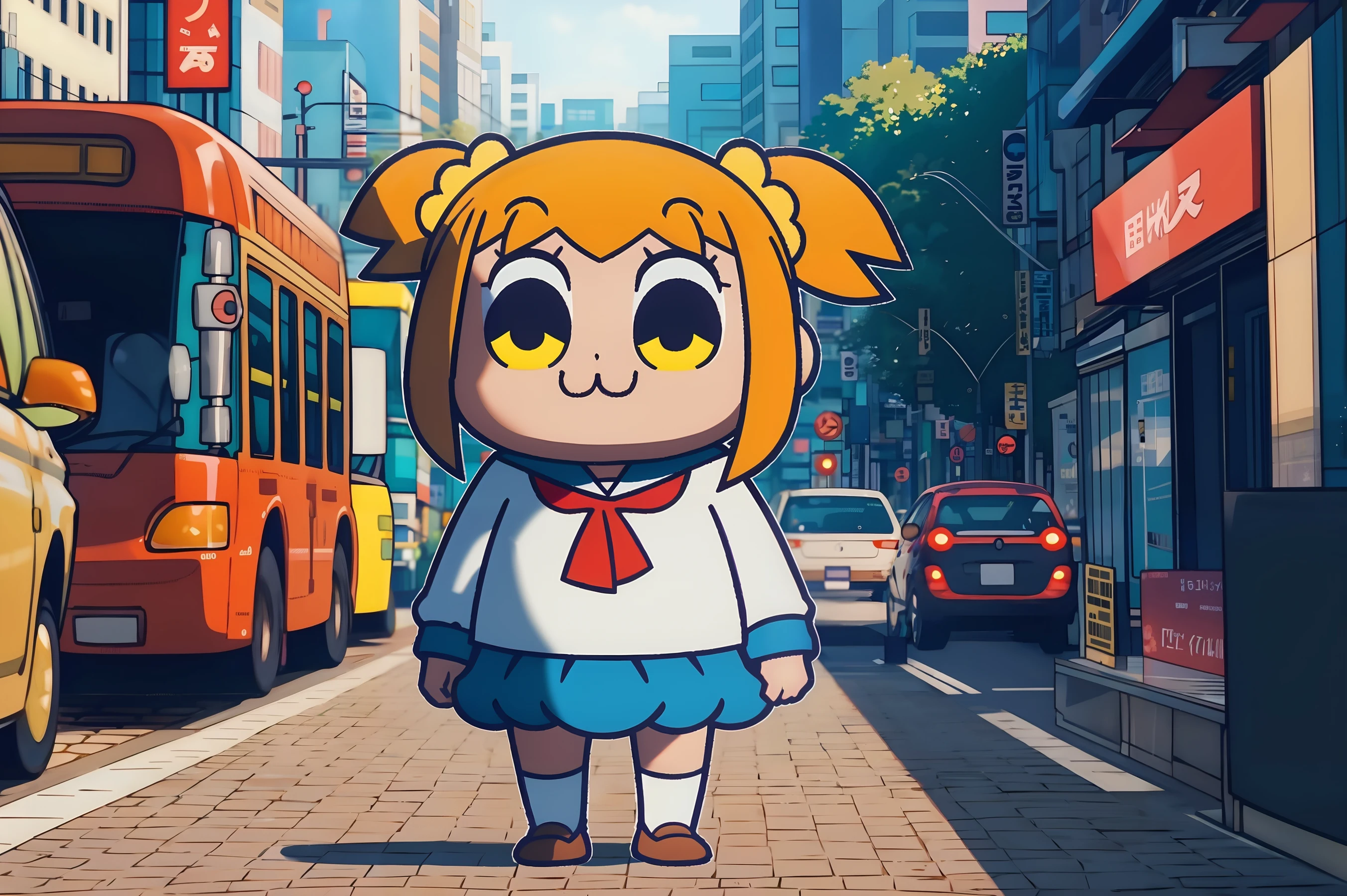 Popuko standing in the city, solo, 1girl, blonde, full body