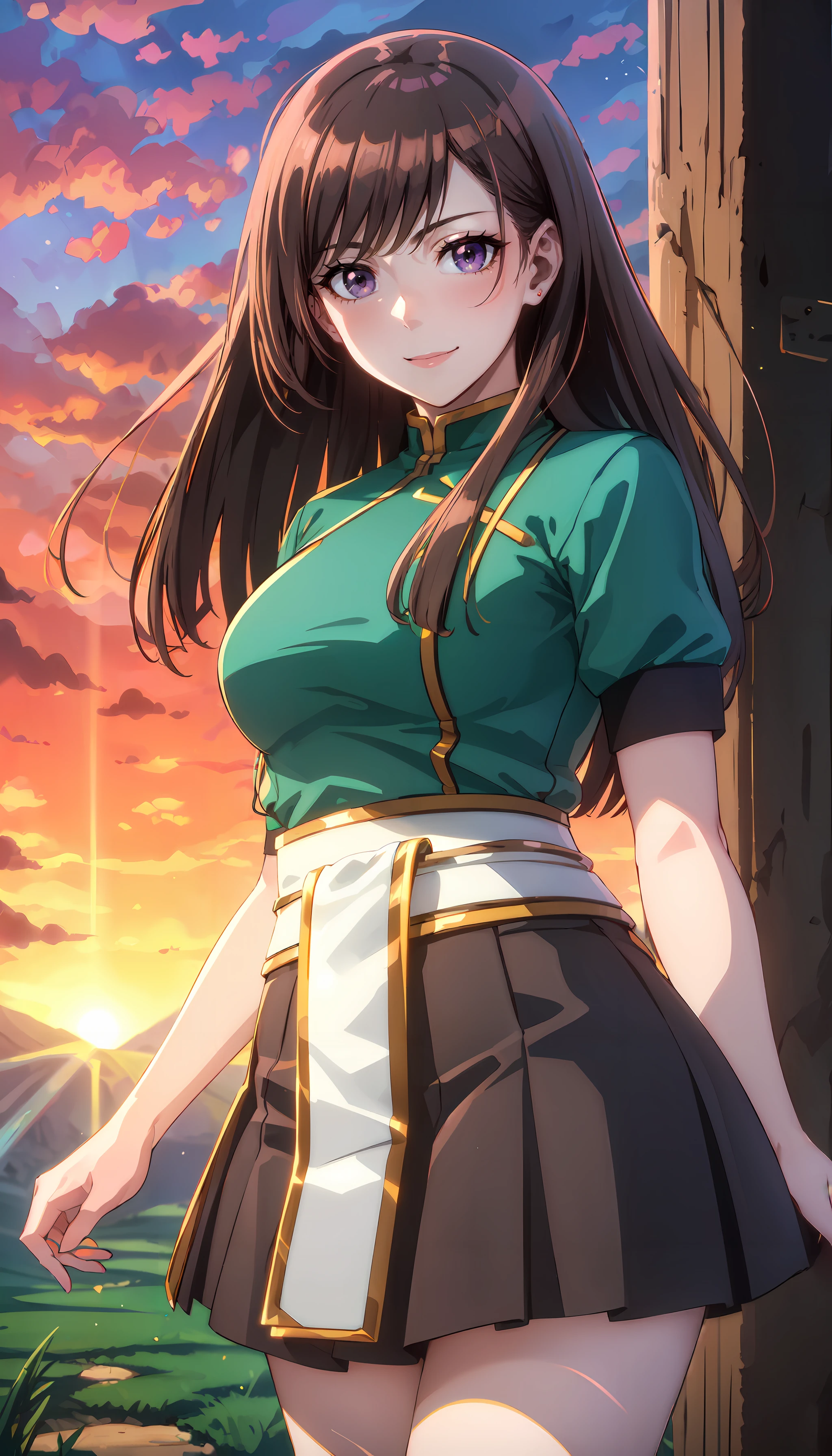 photorealistic, (4k), depth of field, (Masterpiece), (realistic skin texture), extremely detailed, intricate, hyper detailed, professional photography, bokeh, high resolution, sharp detail, best quality, woman, long hair, brown hair, purple eyes, green shirt, skirt, short sleeves, (white waist sash), <lora:GoodHands-vanilla:0.8> , <lora:detail_slider_v4:0.8> , crossed legs, dynamic pose, <lora:Hibiki Otonashi:0.8> , forest, trees, vegetation, meadow, sunset, wind, flower pedals, light rays,