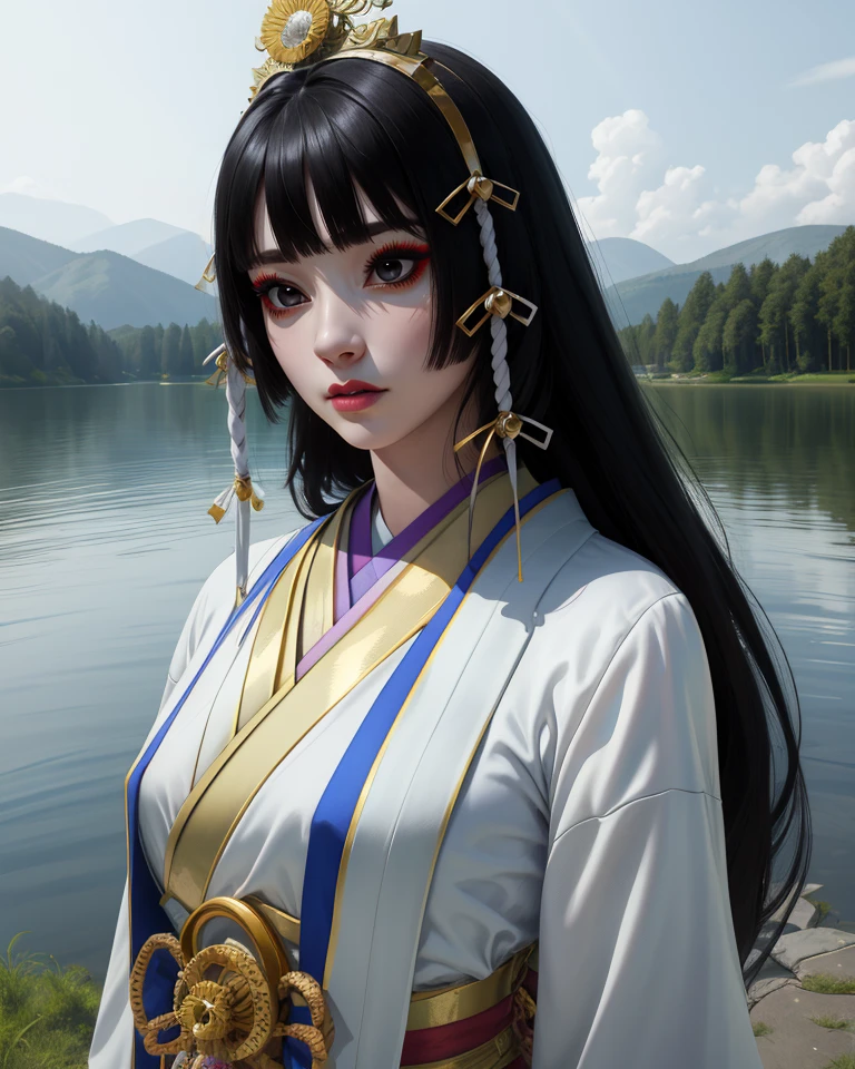 Kaguya,black eyes,black hair,long hair,pale skin,blunt bangs,makeup,
white dress,gold jewelry,headpiece,
upper body,standing,
springs,lake,
(insanely detailed, beautiful detailed face, masterpiece, best quality),<lora:Kaguya:0.8>,