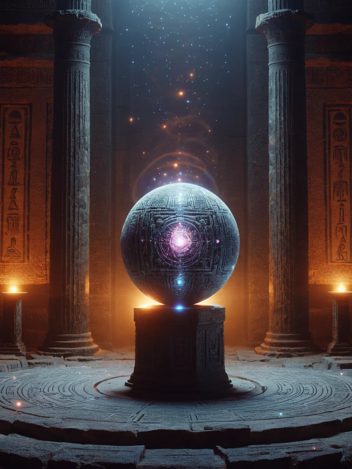 A mysterious ais-particlez crystal orb on a pedestal in an ancient temple, emitting ais-particlez that illuminate the hieroglyphs on the walls. <lora:Particles_Style_SDXL:1>