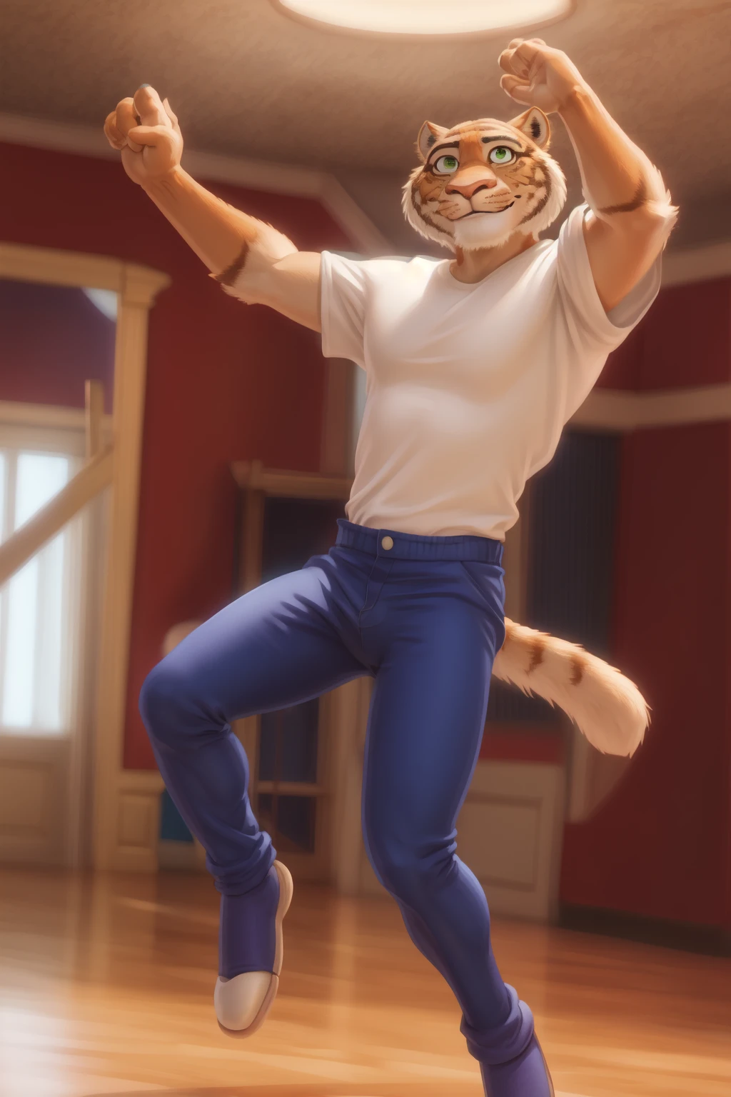<lora:ryan-08:1>, ryan(sing), sing movie, tail, green eyes, solo, (posing:1.3), (soft shading), 4k, hi res, ((detailed face, detailed)), (full body), by zackarry911, by zaush, (by personalami:0.5), dance room, white shirt, blue pants, (looking at viewer:1.3), smile, portrait, dynamic pose, action pose, dancing,