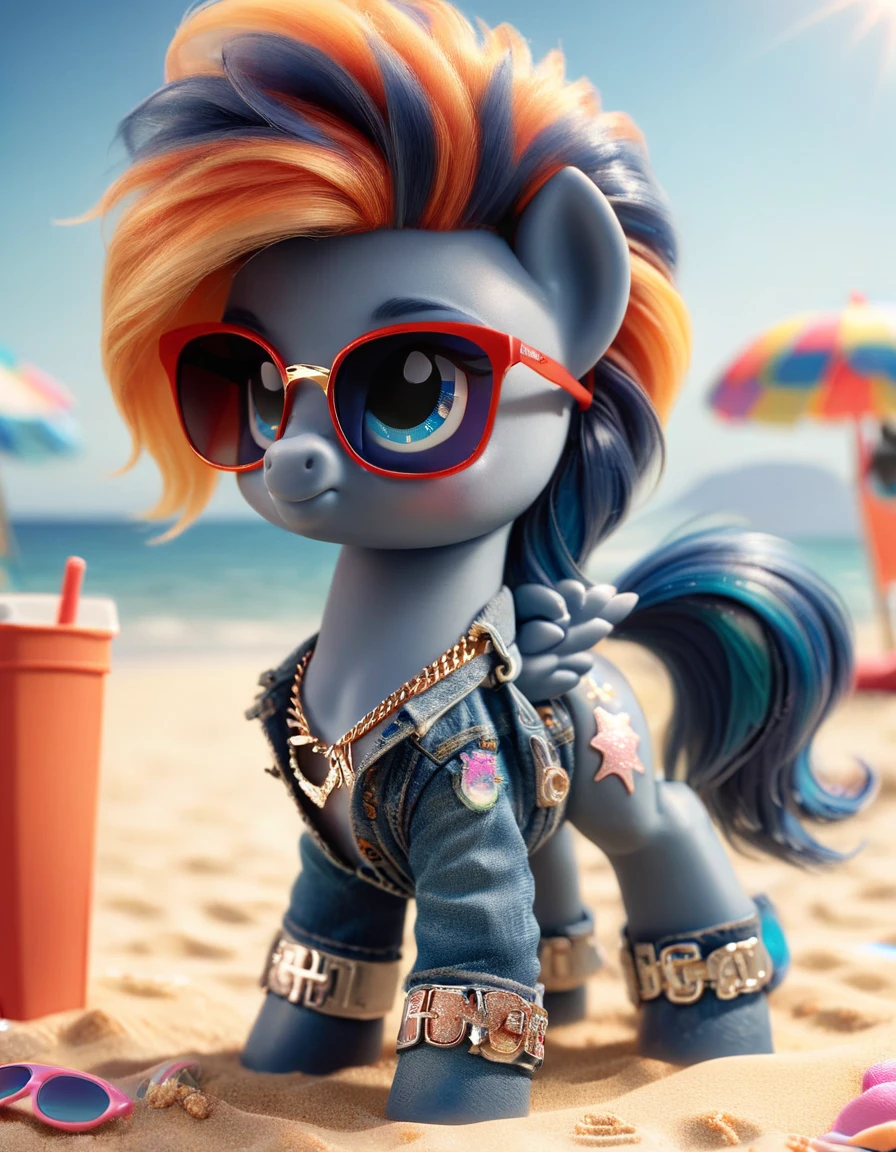 bright sunny day, 80s shades, pony closeup, blue jeans,(sexy pose:1.3), (shirtless:1.8), looking at camera, (at the beach:1.5), ultrarealistic, award winning, dark studio, rim lighting, two tone lighting, dimly lit, low key, hyper detailed, octane render, unreal engine 5, monocromatic, masterpiece, best quality, intricate details, made out of ral-bling <lora:ral-ltlpowny:1>