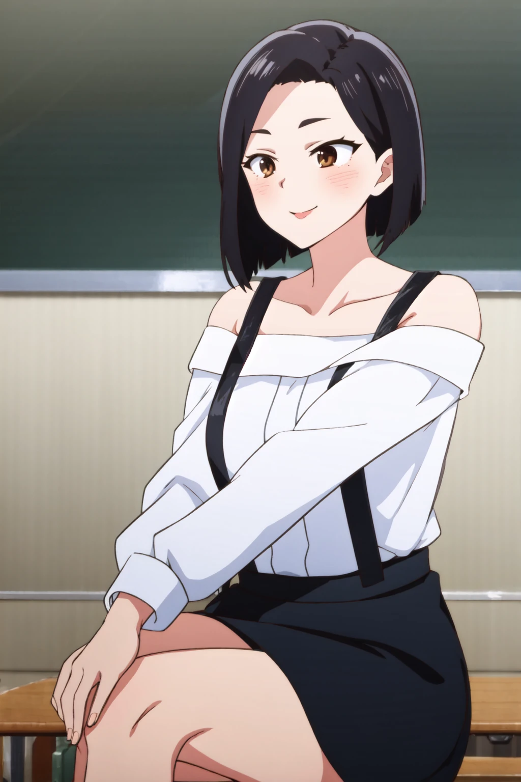 1girl, mature female, masterpiece, best quality, <lora:YamadaSanae-10:0.7> yasanae, off-shoulder shirt, suspender skirt, embarrassed, smile,