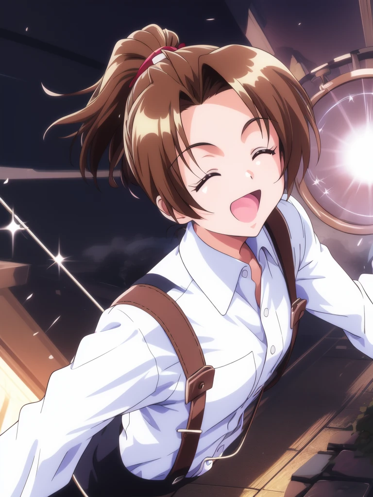 <lora:Kudanshita_Maeka:0.8>kudanshitamaeka, 1girl,  v, brown hair, closed eyes, mop, cleaning, suspenders, shirt, open mouth, lens flare, smile, broom, ponytail, holding, long sleeves, duster, short hair,
masterpiece, high quality, very_high_resolution, large_filesize, full color,