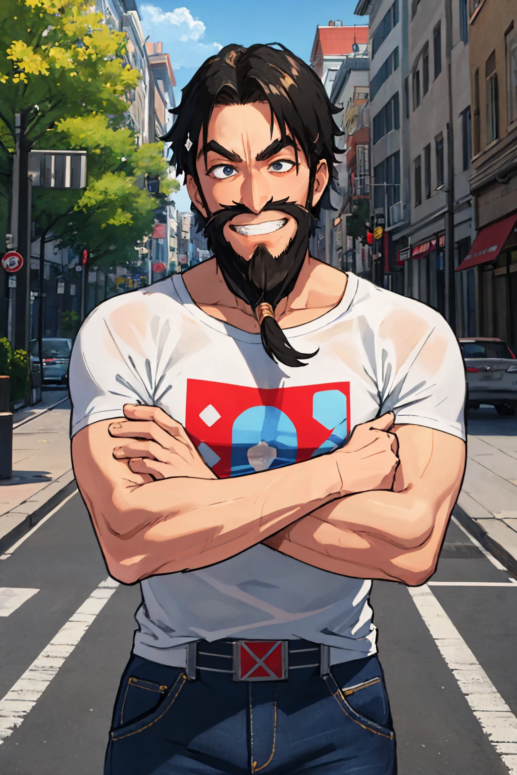 (masterpiece, best quality:1.2), solo, male focus, 1boy, edwardteach, muscular male, grin, looking at viewer, crossed arms, v-shaped eyebrows, white t-shirt, print shirt, jeans, outdoors, city street <lora:fate_edwardteach-16:1>