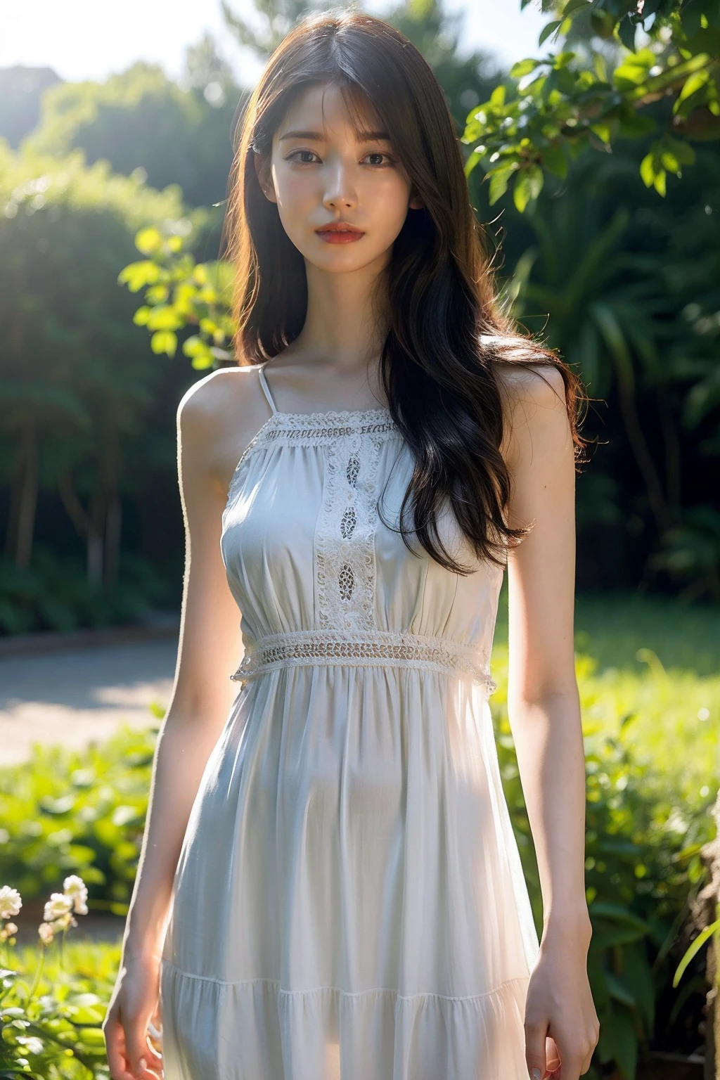 (realistic), (hyperrealism),best quality, masterpiece,ultra high res, (photorealistic:1.4),1girl,pale skin,skinny,(looking at viewer:1.2),outdoor, long hair,
<lora:makina69_kaedekaren_v2.0:1>   , dress, navel,cowboy shot