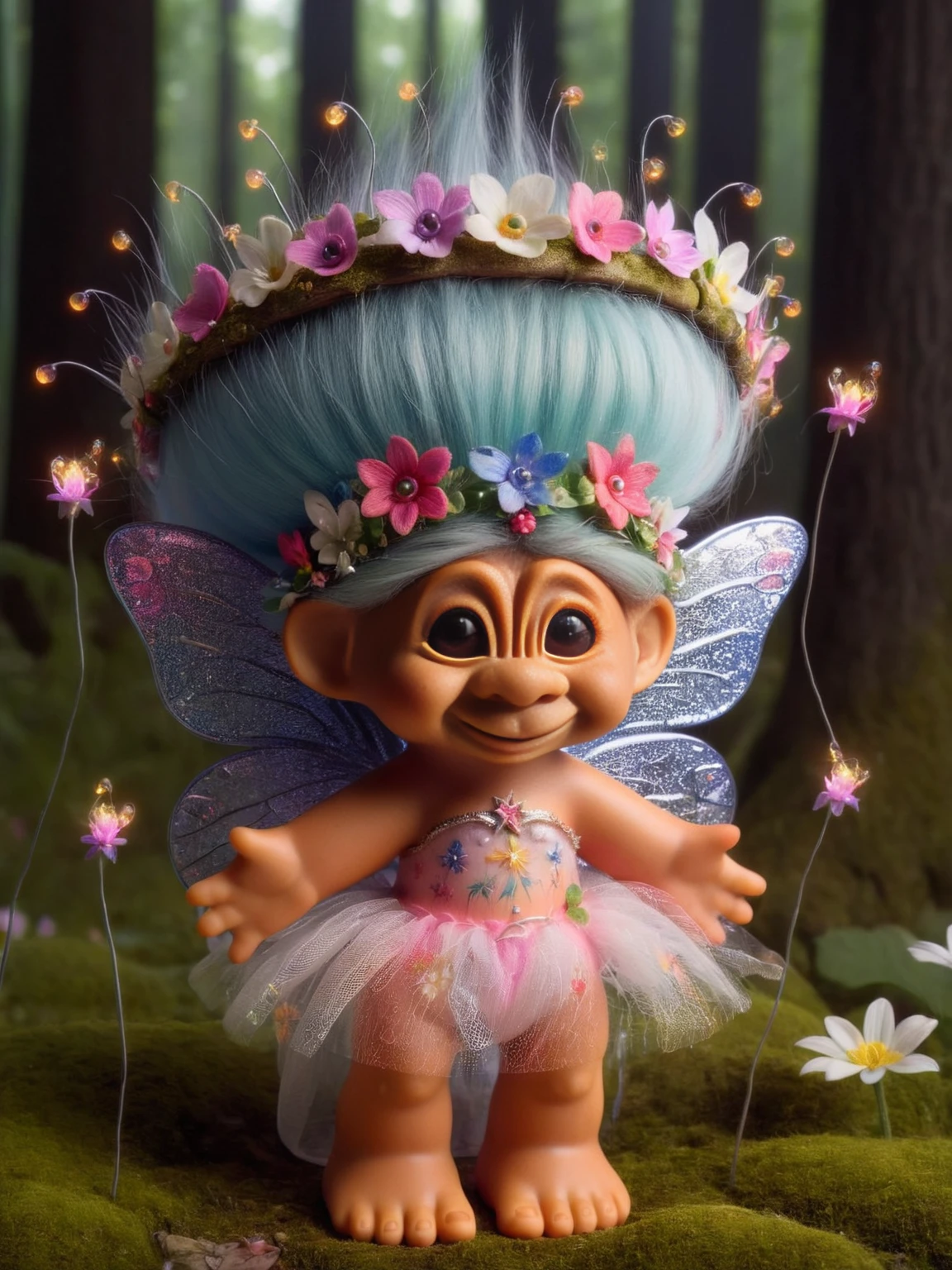 ais-trollz fairy, with delicate wings and a crown of flowers, in a mystical forest glade, surrounded by fireflies and blooming flowers, radiating a magical aura <lora:Russ_Trolls_Style_SDXL:1>