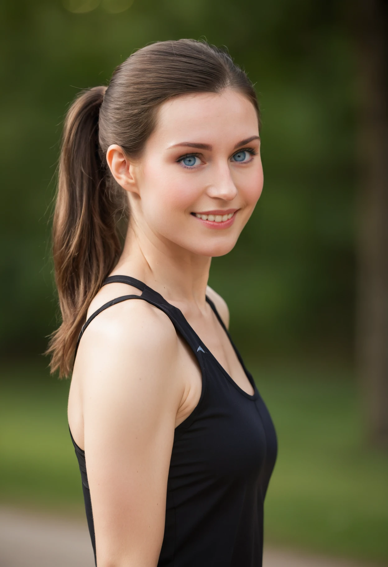 photo of smiling sanna_marin with her hair in a ponytail, wearing revealing exercise clothing, age 25, cinematic lighting,( full body:1.5), bokeh, <lora:sanna_marin_sdxl_60:0.75>