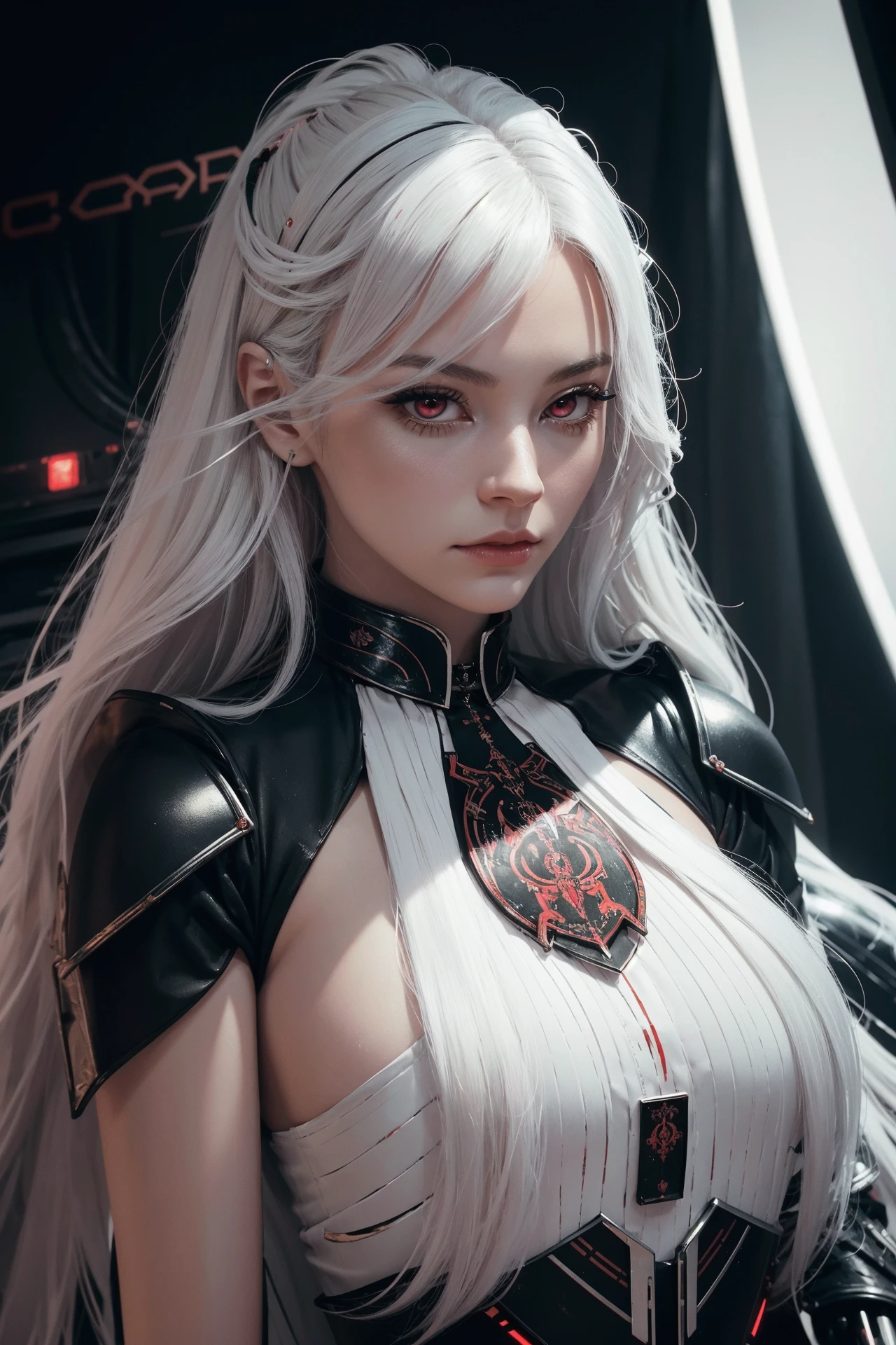 Portrait of a beautiful girl with wavy white hair, wearing a formal black dress with metal parts, red eyes, monograms in the background, digital painting, dark colors, 8k, complex details, vintage, retro futuristic style, sharp focus on the center, pastel colors, art station, (sci-fi, future, future theme), (facial expression looking with disdain), (detailed illustration) <lora:bbhollyyv3:1> bbhollyy