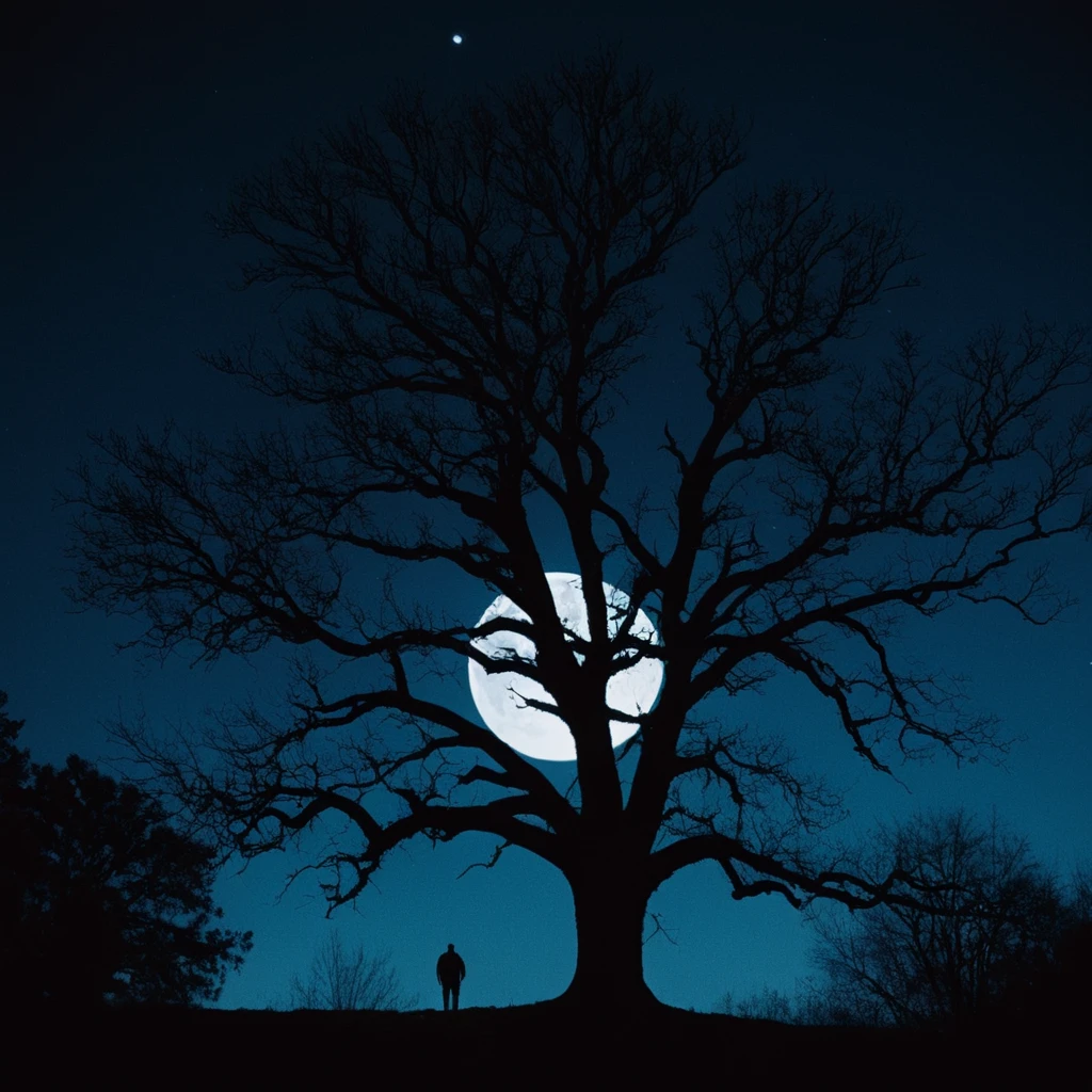 cinematic film still of  <lora:Chiaroscuro Lighting Style:1>
from below, dramatic, cinematic, shadow, partially covered in shadow, a full moon is seen through the trees Chiaroscuro Lighting Style, standing, monochrome, outdoors, sky, tree, night, nature, night sky, scenery, silhouette, dark, bare tree, blue moon light, horror, suspense, shallow depth of field, vignette, highly detailed, high budget, bokeh, cinemascope, moody, epic, gorgeous, film grain, grainy