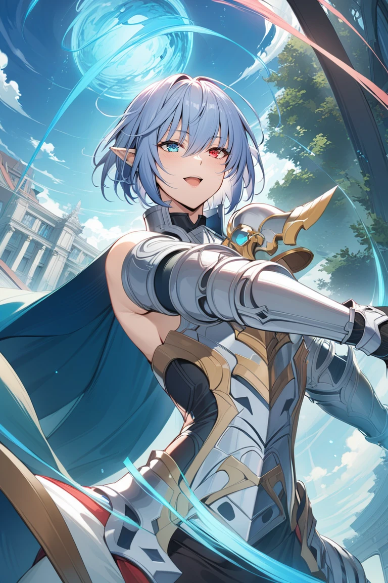1girl, grmsd, pointy ears, heterochromia, blue eye, red eye, armor, gauntlets, pauldron, armored boots, cape, greaves, ((high quality:1.2, masterpiece:1.2)), highly detail, dynamic angle, rating: sensitive, happy, mile shoot, facing viewer, , full portrait, dynamic signal, mansion, <lora:GrimnirXLGBF-000020:1>, mature female, medium breasts,