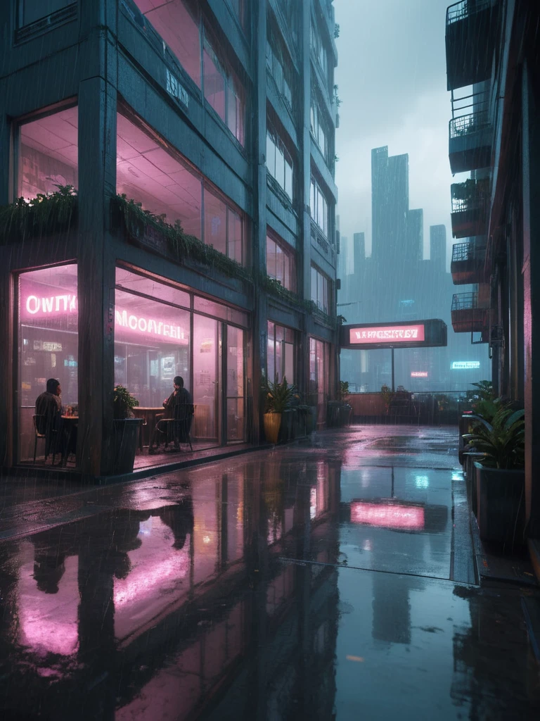 building ,Commercial,square,terrace,reflection,(rainny:1.3), rain, humidity,((masterpiece)), (cyberpunk1.3),high las ((best quality:1.4)),(ultra-high resolution:1.2),(realistic:1.4),(8k:1.2),nsanely detailed,buildings,architecture,interior light,landscape, art artarchitecture