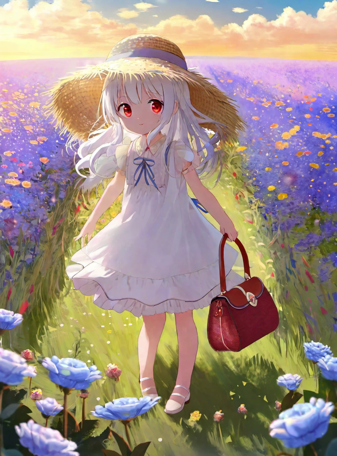A young girl with white hair, red eyes, and ribbon in her hair. She wearing dress holding straw hat hand. standing field of flowers. there handbag nearby. scene set against blue sky, creating bright cheerful atmosphere