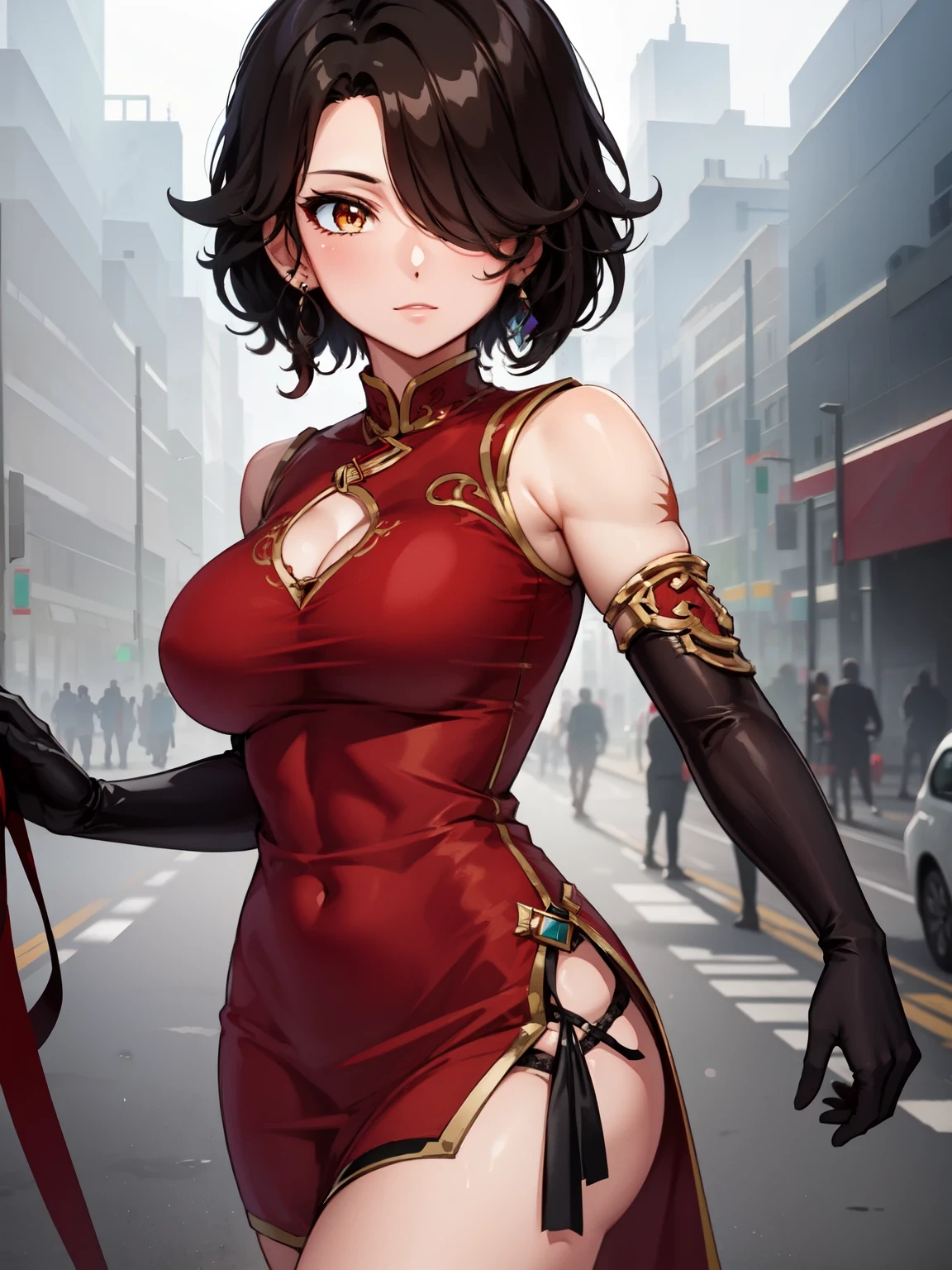 (masterpiecer, best quality, ultra-detailed), CinderFall, yellow eyes, short hair, black hair, hair over one eye, jewelry, earrings, black gloves, elbow gloves, scar, red dress, china dress, standing, looking at viewer