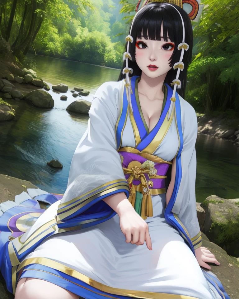 Kaguya,black eyes,black hair,long hair,pale skin,blunt bangs,makeup,forehead,
white dress,gold jewelry,tall headpiece,wide sleeves,
sitting,cleavage,blush,
springs,lake,japanese forest,
(insanely detailed, masterpiece, best quality),<lora:Kaguya:0.9>,