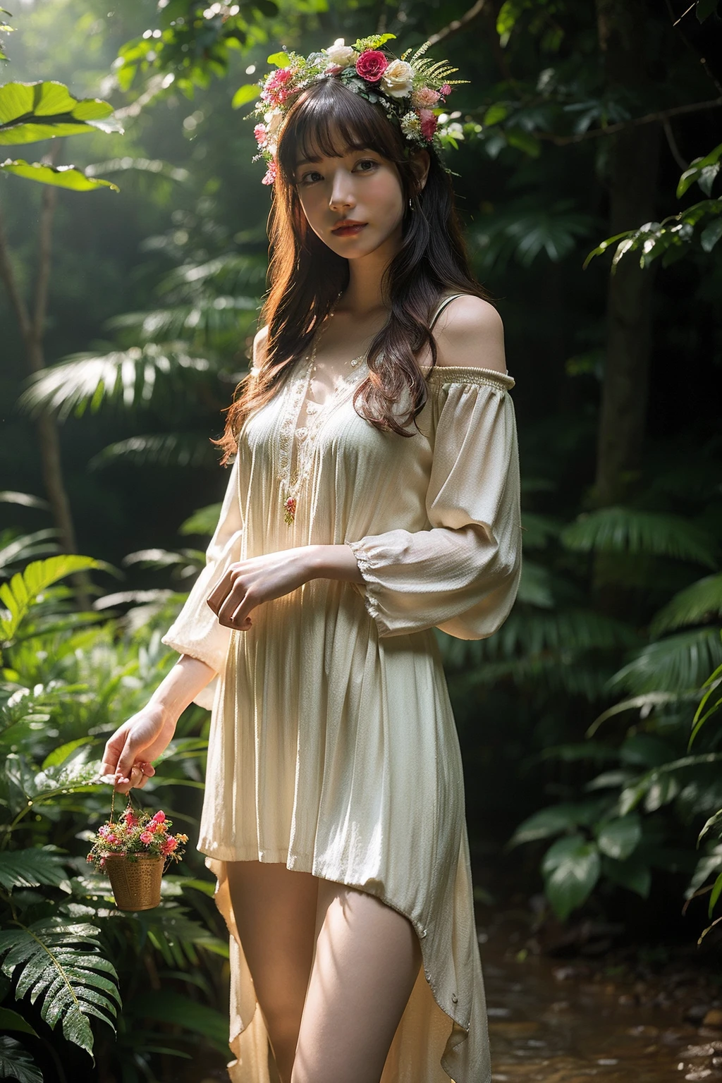 Best quality, masterpiece, ultra high res, (photorealistic:1.4), raw photo,1girl, solo, realistic, looking at viewer,forest, hair ornament, flower plants, cowboy shoot, bohemian dress, <lora:makina69_kaedekaren_v2.0:1>