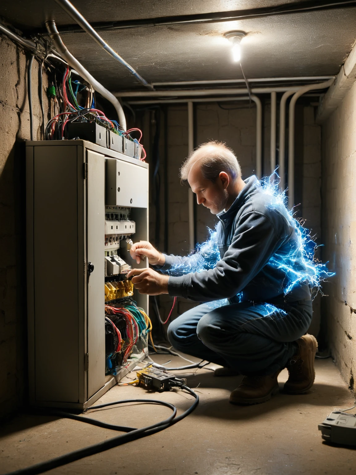 An ais-sparkz man, fixing the fuse box in the basement <lora:Sparks_Style_SDXL:1>