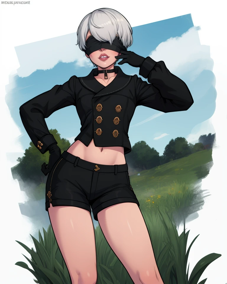 Yorha,white hair,black blindfold,short hair,black choker,lips,
ysmile,midriff peek,hips,legs,pose,
black gloves,long sleeves,black short shorts,black jacket,buttons,
fog,grass,science fiction,
(insanely detailed, masterpiece, best quality),<lora:Yorha9s-10Nv9:0.8>,