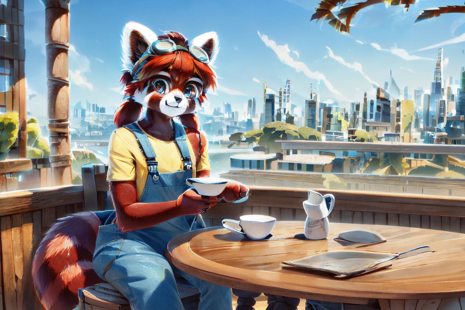 a woman sitting in a cafe holding a cup of tea, city in background, beautiful eyes, beautiful girl, high detail skin, high detail eyes, high detail hair, highres, ultra detailed, sharpen picture, Highly detailed, masterpiece, best quality, photorealistic, <lora:Nonav2LoRA:1> red_panda_girl, 1girl, short red hair, bangs, furry female, goggles on head, body fur, animal ear fluff, bangs, twintails, tail, fangs, claws, yellow shirt, overalls, belt, black nails, smile