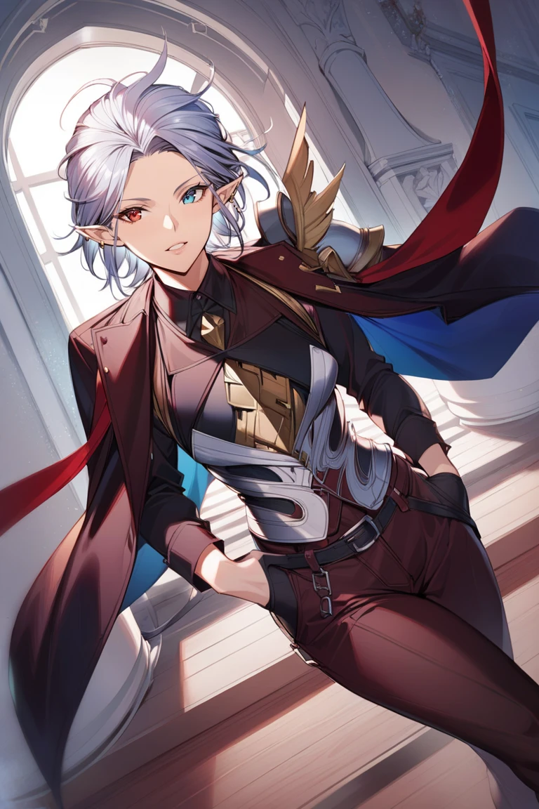 1girl, grmv, absurdly long hair, hair slicked back, heterochromia, pointy ears, blue eye, red eye, formal, collared red shirt, jacket on shoulders, chain belt, black gloves, pants, black legwear, ((high quality:1.2, masterpiece:1.2)), highly detail, dynamic angle, rating: sensitive, happy, mile shoot, facing viewer, , full portrait, dynamic signal, mansion, <lora:GrimnirXLGBF-000020:1>, mature female, medium breasts,