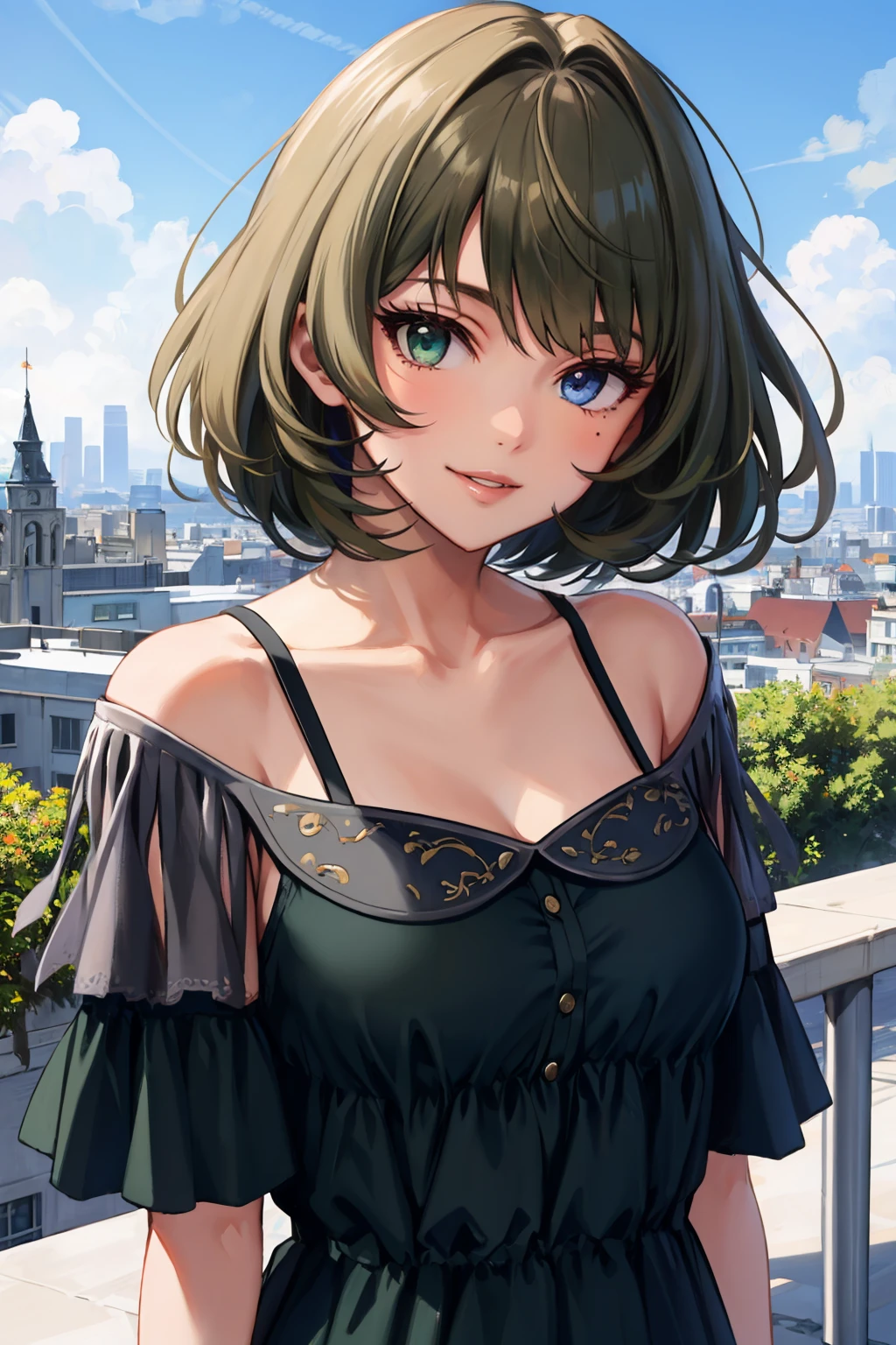 masterpiece, best quality, <lora:kaedetakagaki-nvwls-v1-000009:0.9> defKaede, heterochromia, green eyes, blue eyes, black dress, off-shoulder, short dress, short shorts, black pantyhose, (mole under eye:0.75), upper body, looking at viewer, cityscape, smile, blue sky, lips
