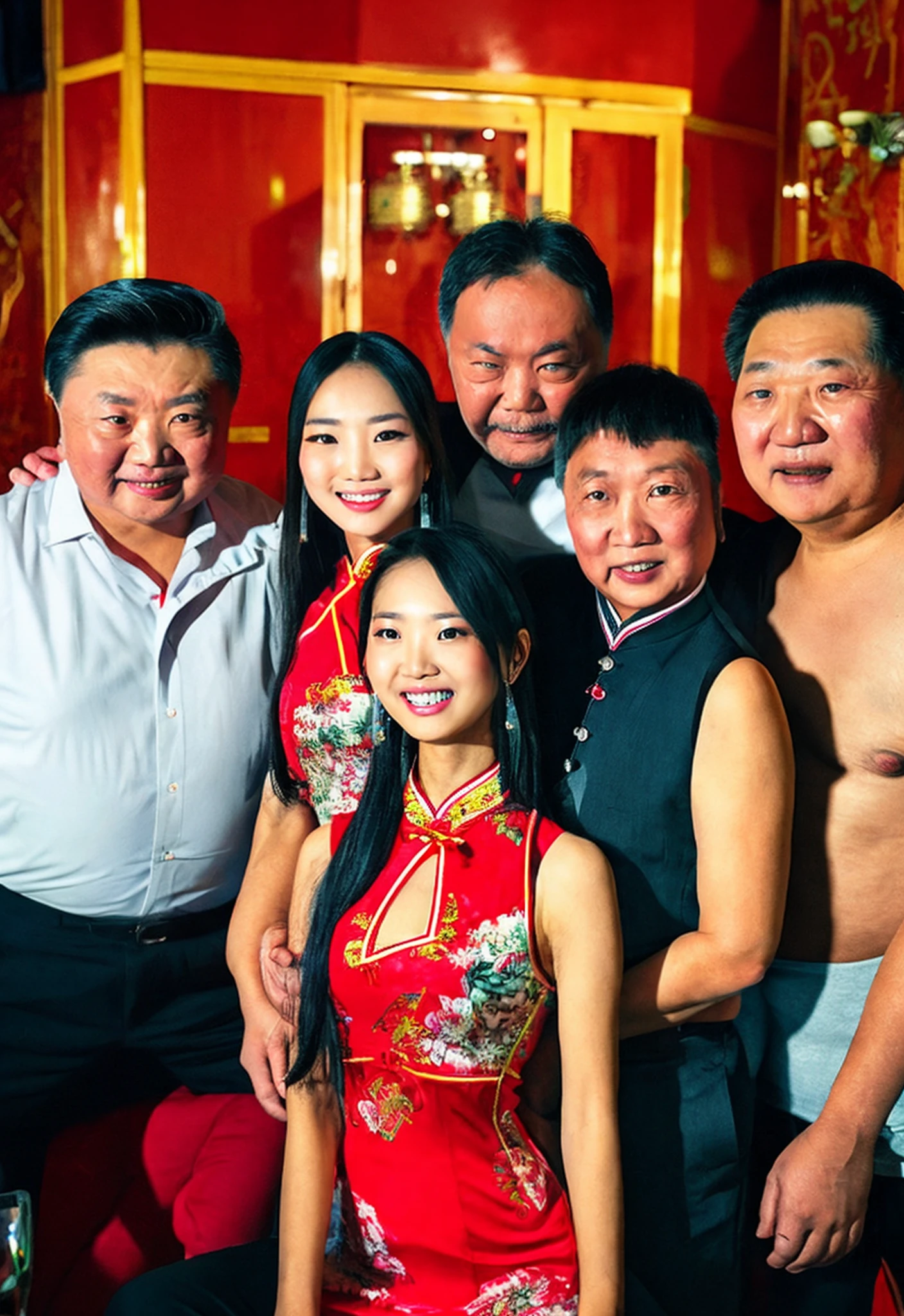 (multiple men:1.2),(photorealistic:1.4) and (Realistic:1.4),asian man standing and woman standing,couple,from front,photo of (an 18-year-old beautiful chinese woman) and (age difference) and old (fat man),(beautiful chinese female idol wearing cheongsam) and wearing jewelry and hair accessories,black eyes,man wrinkled skin,((woman looking at viewer and man looking at viewer)),(man white hair),grin and detailed teeth,lips,thighs,man wearing jeans and wearing shirt, (best aesthetic:1.2) and (best quality:1.2),(detailed skin textures and detailed skin pores and high skin detail),Bar background,indoors,nightclub background,<lora:age difference_V1:0.8> keylight reflection on eyes,detailed iris,detailed pupil,<lyco:film grainV3:0.3>