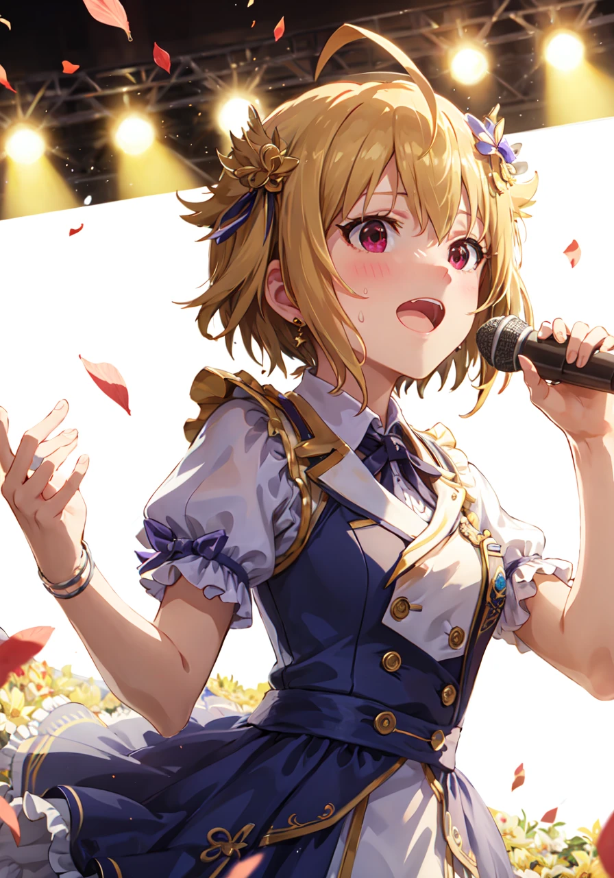tsubasa ibuki (million live), (best quality, 8K, masterpiece, ultra detailed:1.2), cinematic angle, dynamic pose, light particles, lens flare, blurry, blurry background, multiple others, backlighting, falling petals, confetti, milestone celebration, screen, livestage, spotlight, audience, 1girl, solo, idol, idol dress, wing collar, wind, floating hair, sweatdrop, blush, beatutiful eyes, ribbon, emblem, singing, wing hair ornament, looking at viewer, close-up, from below, shiny skin, shiny hair, earrings, hair ribbon,