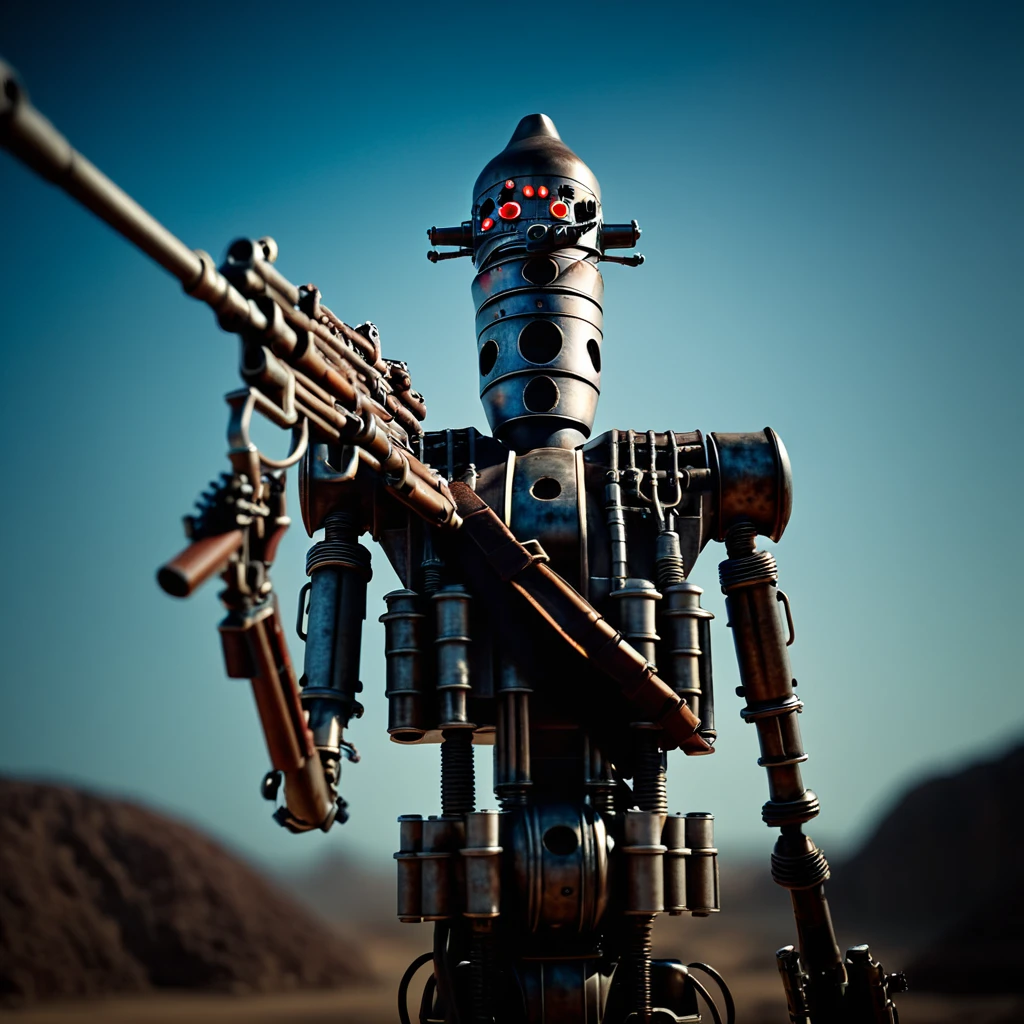 cinematic film still of <lora:IG-88:1>
IG-88 droid a robot with a gun and a light on In Star Wars Universe, solo, weapon, sky, blurry, gun, no humans, robot, science fiction, shallow depth of field, vignette, highly detailed, high budget, bokeh, cinemascope, moody, epic, gorgeous, film grain, grainy